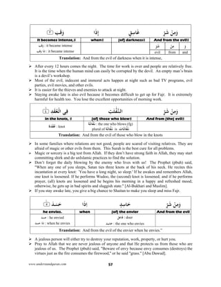 www.understandquran.com 57
ِّ‫ﺮ‬َ‫ﺷ‬ ْ‫ﻦ‬ِ‫ﻣ‬َwٍ‫ﻖ‬ِ‫ﺳ‬‫ﺎ‬َ‫ﻏ‬‫ا‬َ‫ذ‬ِ‫إ‬٪﴿ َ‫ﺐ‬َ‫ﻗ‬َw٣m٪﴾
And from the evil(of) darknesswhenit becomes intense,
َ‫و‬ْ‫ﻦ‬ِ‫ﻣ‬ّ‫ﺮ‬َ‫ﺷ‬َ‫ﺐ‬َ‫ﻗ‬َw : it became intense
َ‫ﺐ‬َ‫ﻗ‬َw ‫ا‬َ‫ذ‬ِ‫ا‬ : it became intense andfromevil
Translation: And from the evil of darkness when it is intense,
 After every 12 hours comes the night. The time for work is over and people are relatively free.
It is the time when the human mind can easily be corrupted by the devil. An empty man’s brain
is a devil’s workshop.
 Most of the evil, indecent and immoral acts happen at night such as bad TV programs, evil
parties, evil movies, and other evils.
 It is easier for the thieves and enemies to attack at night.
 Staying awake late is also evil because it becomes difficult to get up for Fajr. It is extremely
harmful for health too. You lose the excellent opportunities of morning work.
ِّ‫ﺮ‬َ‫ﺷ‬ ْ‫ﻦ‬ِ‫ﻣ‬َwِ‫ﺖ‬ٰ‫ﺜ‬‫ﻔ‬‫اﻟﻨ‬٪﴿ ِ‫ﺪ‬َ‫ﻘ‬ُ‫ﻌ‬ْ‫اﻟ‬ ‫ﻰ‬ِ‫ﻓ‬٤m٪﴾
And from (the) evil(of) those who blowin the knots,
‫ﻔ‬َ‫ﻧ‬‫ﺎ‬‫ﺔ‬َ‫ﺛ‬ : the one who blows (fg)
plural of ‫ﻔ‬َ‫ﻧ‬‫ﺎ‬‫ﺔ‬َ‫ﺛ‬ is ‫ﻔ‬َ‫ﻧ‬‫ﺎ‬َ‫ﺛ‬‫ﺎت‬
‫ة‬َ‫ﺪ‬ْ‫ﻘ‬ُ‫ﻋ‬ : knot
Translation: And from the evil of those who blow in the knots
 In some families where relations are not good, people are scared of visiting relatives. They are
afraid of magic or other evils from them. This Surah is the best cure for all problems.
 Magic or sorcery is a big test from Allah. If they don’t have strong faith in Allah, they may start
committing shirk and do unIslamic practices to find the solution.
 Don’t forget the daily blowing by the enemy who lives with us! The Prophet (pbuh) said,
"When any one of you sleeps, Satan ties three knots at the back of his neck. He recites this
incantation at every knot: `You have a long night, so sleep.' If he awakes and remembers Allah,
one knot is loosened. If he performs Wudoo, the (second) knot is loosened; and if he performs
prayer, (all) knots are loosened and he begins his morning in a happy and refreshed mood;
otherwise, he gets up in bad spirits and sluggish state.'' [Al-Bukhari and Muslim].
 If you stay awake late, you give a big chance to Shaitan to make you sleep and miss Fajr.
ِّ‫ﺮ‬َ‫ﺷ‬ ْ‫ﻦ‬ِ‫ﻣ‬َwٍ‫ﺪ‬ِ‫ﺳ‬‫ﺎ‬َ‫ﺣ‬‫ا‬َ‫ذ‬ِ‫ا‬٪﴿ َ‫ﺪ‬َ‫ﺴ‬َ‫ﺣ‬٥ۧ٪﴾
And from the evil(of) the envierwhenhe envies.
‫ﻞ‬ِ‫ﻋ‬‫ﺎ‬َ‫ﻓ‬ : doer
‫ﺪ‬ِ‫ﺳ‬‫ﺎ‬َ‫ﺣ‬ : the one who envies
َ‫ﺪ‬َ‫ﺴ‬َ‫ﺣ‬ : he envied
َ‫ﺪ‬َ‫ﺴ‬َ‫ﺣ‬ ‫ا‬َ‫ذ‬ِ‫ا‬ : when he envies
Translation: And from the evil of the envier when he envies.”
 A jealous person will either try to destroy your reputation, work, property, or hurt you.
 Pray to Allah that we are never jealous of anyone and that He protects us from those who are
jealous of us. The Prophet (pbuh) said, "Beware of envy because envy consumes (destroys) the
virtues just as the fire consumes the firewood,'' or he said "grass.'' [Abu Dawud].
 