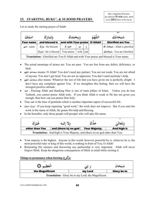 www.understandquran.com 82
15. STARTING, RUKU’, & SUJOOD PRAYERS
Let us study the starting prayer of Salah:
41*
َ‫ﻚ‬َ‫ﺎﻧ‬َ‫ﺤ‬ْ‫ﺒ‬ُ‫ﺳ‬‫اﻟﻠ‬‫ﻢ‬ُ‫ﻬ‬َ‫ك‬ِ‫ﺪ‬ْ‫ﻤ‬َ‫ﺤ‬ِ‫ﺑ‬َ‫و‬َ‫ك‬َ‫ر‬‫ﺎ‬َ‫ﺒ‬َ‫ﺗ‬َwَ‫ﻚ‬ُ‫ﻤ‬ْ‫ﺳ‬‫ا‬
Glorified are YouO Allah!and with Your praiseand blessed isYour name
َ‫ﺎن‬َ‫ﺤ‬ْ‫ﺒ‬ُ‫ﺳ‬‫اﷲ‬ : Allah is glorified
ْ‫ﺒ‬ُ‫ﺳ‬َ‫ﺎﻧ‬َ‫ﺤ‬َ‫ﻚ‬ : You are Glorified
َ‫و‬ِ‫ب‬َ‫ك‬ ِ‫ﺪ‬ْ‫ﻤ‬َ‫ﺣ‬َ‫ﺑ‬‫ﺎ‬َ‫ك‬َ‫ر‬ : He blessed
َ‫ك‬َ‫ر‬‫ﺎ‬َ‫ﺒ‬َ‫ﺗ‬ : He is blessed
‫ﻢ‬ْ‫ﺳ‬ِ‫ا‬ : name
andwithYour praise
Translation: Glorified are You O Allah and with Your praise and blessed is Your name;
 The actual meanings of َ‫ﺎﻧ‬َ‫ﺤ‬ْ‫ﺒ‬ُ‫ﺳ‬َ‫ﻚ‬ are: You are pure. You are free from any defect, deficiency, or
fault.
 َ‫ﺎﻧ‬َ‫ﺤ‬ْ‫ﺒ‬ُ‫ﺳ‬‫ﻢ‬ُ‫ﻬ‬ّ‫اﻟﻠ‬ َ‫ﻚ‬ means: O Allah! You don’t need any partner; You are not weak; You are not afraid
of anyone; You don’t get tired; You are not an oppressor; You don’t need anybody’s help.
 َ‫ﺎﻧ‬َ‫ﺤ‬ْ‫ﺒ‬ُ‫ﺳ‬‫ﻢ‬ُ‫ﻬ‬ّ‫اﻟﻠ‬ َ‫ﻚ‬ also means: Whatever the test of life that you have given me is perfectly alright. I
don’t have any complaint against You. If we strengthen this feeling, then we will have the
strongest positive attitude.
 ‫ﺪ‬ْ‫ﻤ‬َ‫ﺣ‬ : Praising Allah and thanking Him is one of main pillars of Islam. Unless you do true
Tasbeeh, you cannot praise Allah truly. If you think Allah is weak or He has not given you
enough, then how can you praise Him truly.
 True ‫ﺪ‬ْ‫ﻤ‬َ‫ﺣ‬ is the base of gratitude which is another important aspect of successful life.
 َ‫ك‬َ‫ر‬‫ﺎ‬َ‫ﺒ‬َ‫ﺗ‬َ‫ﻚ‬ُ‫ﻤ‬ْ‫ﺳ‬‫ا‬ : If you keep repeating “good work,” the work does not improve. But if you start the
work in the name of Allah, He grants His help and blessing.
 In the hereafter, only those people will prosper who will take His name.
٢٣
ٰ‫ﻰ‬َ‫ﺎﻟ‬َ‫ﻌ‬َ‫ﺗ‬َwَ‫ك‬‫ﺪ‬َ‫ﺟ‬َ‫ﻻ‬َw‫ﻟ‬ِ‫إ‬ٰ‫ـ‬‫ـ‬َ‫ﻪ‬َ‫ك‬ُ‫ﺮ‬ْ‫ﻴ‬َ‫ﻏ‬
And high isYour Majesty;and (there is) no godother than You
Translation: And high is Your Majesty; and (there is) no god other than You.
 Your majesty is the highest. Anyone in this world, however powerful he is, whatever he is, the
most powerful ruler or king of this world, is nothing in front of You, O Allah!
 Reiterating His oneness and disowning any partnership is very important. Allah will never
forgive Shirk. Keep the dangerous consequences of Shirk in mind while reciting it.
Things to pronounce when bowing (‫ع‬ ُ‫כ‬ُ‫ر‬):
١٠٧
َ‫ﺎن‬َ‫ﺤ‬ْ‫ﺒ‬ُ‫ﺳ‬َ‫ر‬َ‫ﻲ‬ِّ‫ﺑ‬‫ﻴﻢ‬ِ‫ﻈ‬َ‫ﻌ‬ْ‫اﻟ‬
Glory be tomy Lordthe Magnificent
Translation: Glory be to my Lord, the Magnificent.
After completing 15 lessons,
you will learn 95 new words, which
occur 33812 times in the Qur’an.
 