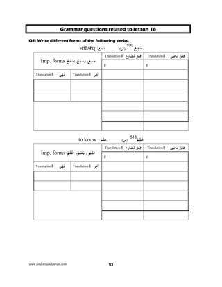 www.understandquran.com 93
Grammar questions related to lesson 16
Q1: Write different forms of the following verbs.
َ‫ﻊ‬ِ‫ﻤ‬َ‫ﺳ‬100
)‫س‬(‫ﻤﻊ‬َ‫ﺳ‬:
Imp. forms َ‫ﻊ‬ِ‫ﻤ‬َ‫ﺳ‬،َ‫ﻳ‬ُ‫ﻊ‬َ‫ﻤ‬ْ‫ﺴ‬،ْ‫ﻊ‬َ‫ﻤ‬ْ‫ﺳ‬ِ‫ا‬
Translation ‫ع‬ِ‫ر‬‫ﺎ‬َ‫ﻀ‬ُ‫ﻣ‬ ‫ﻞ‬ْ‫ﻌ‬ِ‫ﻓ‬ Translation ‫ﻲ‬ِ‫ﺿ‬‫ﺎ‬َ‫ﻣ‬ ‫ﻞ‬ْ‫ﻌ‬ِ‫ﻓ‬
Translation ‫ﻲ‬ْ‫ﻬ‬َ‫ﻧ‬ Translation ‫ﺮ‬ْ‫ﻣ‬‫أ‬
َ‫ﻢ‬ِ‫ﻠ‬َ‫ﻋ‬518
)‫س‬(‫ﻋﻠﻢ‬:to know
Imp. forms َ‫ﻢ‬ِ‫ﻠ‬َ‫ﻋ‬،ُ‫ﻢ‬َ‫ﻠ‬ْ‫ﻌ‬َ‫ﻳ‬،ْ‫ﻢ‬َ‫ﻠ‬ْ‫ﻋ‬ِ‫ا‬
Translation ‫ع‬ِ‫ر‬‫ﺎ‬َ‫ﻀ‬ُ‫ﻣ‬ ‫ﻞ‬ْ‫ﻌ‬ِ‫ﻓ‬ Translation ‫ﻲ‬ِ‫ﺿ‬‫ﺎ‬َ‫ﻣ‬ ‫ﻞ‬ْ‫ﻌ‬ِ‫ﻓ‬
Translation ‫ﻲ‬ْ‫ﻬ‬َ‫ﻧ‬ Translation ‫ﺮ‬ْ‫ﻣ‬‫أ‬
 