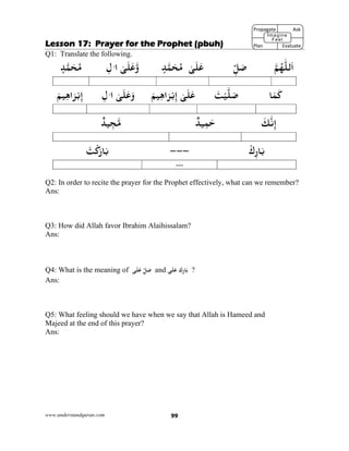www.understandquran.com 99
Lesson 17: Prayer for the Prophet (pbuh)
Q1: Translate the following.
‫ﻟﻠ‬َ‫ا‬‫ﻢ‬ُ‫ﻬ‬ِّ‫ﻞ‬َ‫ﺻ‬ٰ‫ﻰ‬َ‫ﻠ‬َ‫ﻋ‬ٍ‫ﺪ‬‫ﻤ‬َ‫ﺤ‬ُ‫ﻣ‬ٰ‫ﻰ‬َ‫ﻠ‬َ‫ﻋ‬wٰ ‫ا‬ِ‫ل‬َ‫ﺤ‬ُ‫ﻣ‬ٍ‫ﺪ‬‫ﻤ‬
‫ﺎ‬َ‫ﻤ‬َ‫ﻛ‬َ‫ﺖ‬ْ‫ﻴ‬‫ﻠ‬َ‫ﺻ‬ٰ‫ﻰ‬َ‫ﻠ‬َ‫ﻋ‬َ‫ﻢ‬‫ﻴ‬ِ‫ﻫ‬‫ا‬َ‫ﺮ‬ْ‫ﺑ‬ِ‫إ‬ٰ‫ﻰ‬َ‫ﻠ‬َ‫ﻋ‬َwِ‫ل‬ٰ ‫ا‬َ‫ﻢ‬‫ﻴ‬ِ‫ﻫ‬‫ا‬َ‫ﺮ‬ْ‫ﺑ‬ِ‫إ‬
َ‫ﻚ‬‫ﻧ‬ِ‫إ‬ٌ‫ﻴﺪ‬ِ‫ﻤ‬َ‫ﺣ‬ٌ‫ِﻴﺪ‬‫ﺠ‬‫ﻣ‬
ْ‫ك‬ِr‫ﺎ‬َ‫ﺑ‬---َ‫ﺖ‬ْ‫ﻛ‬َ‫ر‬‫ﺎ‬َ‫ﺑ‬
---
Q2: In order to recite the prayer for the Prophet effectively, what can we remember?
Ans:
Q3: How did Allah favor Ibrahim Alaihissalam?
Ans:
Q4: What is the meaning of ‫ﻰ‬َ‫ﻠ‬َ‫ﻋ‬ ِّ‫ﻞ‬َ‫ﺻ‬ and ‫ﻰ‬َ‫ﻠ‬َ‫ﻋ‬ ‫ك‬ِr‫ﺎ‬َ ?
Ans:
Q5: What feeling should we have when we say that Allah is Hameed and
Majeed at the end of this prayer?
Ans:
Propagate              Ask
Plan                Evaluate
Imagine
Feel
 