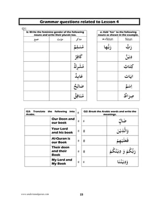 www.understandquran.com 23
Grammar questions related to Lesson 4
Q1:
b: Write the feminine gender of the following
nouns and write their plurals too.
a: Add “her” to the following
nouns as shown in the example.
‫ﺟﻤﻊ‬ ‫ﻧﺚ‬ ‫ﻣ‬ ‫ﻣﺬ‬‫ﻛ‬‫ﺮ‬ +‫ھ‬‫ا‬ Noun Noun
ٌ‫ﻢ‬ِ‫ﻠ‬ْ‫ﺴ‬ُ‫ﻣ‬ ‫ﻬﺎ‬‫ﺑ‬َ‫ر‬ ‫ب‬َ‫ر‬
َ‫ﰷ‬ٌ‫ﺮ‬ِ‫ﻓ‬ ٌ‫ﻦ‬ْ‫ﻳ‬ِ‫د‬
ُ‫ﻣ‬ِ ْ‫ﺸ‬ٌ‫ك‬ ِ‫ﻛ‬ٌ‫ﺎب‬َ‫ﺘ‬
ٌ‫ﺪ‬ِ‫ﺑ‬‫ﺎ‬َ‫ﻋ‬ ‫ﺎت‬َ‫ﻳ‬‫ا‬
ٌ‫ﺢ‬ِ‫ﻟ‬‫ﺎ‬َ‫ﺻ‬ ٌ‫ﻢ‬ْ‫ﺳ‬ِ‫ا‬
ٌ‫ﻖ‬ِ‫ﻓ‬‫ﺎ‬َ‫ﻨ‬ُ‫ﻣ‬ ٌ‫اط‬َ‫ﺮ‬ِ‫ﺻ‬
Q2: Break the Arabic words and write the
meanings.
Q3: Translate the following into
Arabic.
ٍّ ‫ﺎ‬َ‫ﺿ‬Our Deen and
our book
َ‫ﻦ‬ْ‫ﻳ‬ِ‫ﺬ‬‫اﻟ‬َwYour Lord
and his book
َ‫ﻠ‬َ‫ﻌ‬َ‫ﻓ‬ْ‫ﻢ‬ِ‫ﻬ‬ْ‫ﻴ‬Al-Quran is
our Book
ُ‫ﻜ‬‫ﺑ‬َ‫ر‬ُ‫ﻨ‬ْ‫ﻳ‬ِ‫د‬ َ‫و‬ ْ‫ﻢ‬ُ‫ﻜ‬ْ‫ﻢ‬
Their deen
and their
Book
‫ﺎ‬َ‫ﻨ‬ُ‫ﻨ‬ْ‫ﻳ‬ِ‫د‬َwMy Lord and
My Book
 