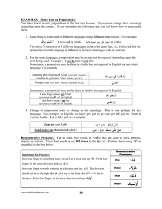 www.understandquran.com 36
GRAMMAR - Three Tips on Prepositions:
You have learnt several prepositions in the last two lessons. Prepositions change their meanings
depending upon the context. If you remember the following tips, you will know how to understand
them.
1. Same thing is expressed in different languages using different prepositions. For example:
ِ‫ﷲ‬‫ﺎ‬ِ ُ‫ﺖ‬ْ‫ﻨ‬َ‫ﻣ‬‫آ‬ I believed in Allah; ‫ﻣی‬‫ں‬‫اﻟﻞ‬‫ه‬‫ﻻیﺎ‬ ‫ایﻤﺎن‬ ‫پﺮ‬ (in Urdu)
The above 3 sentences in 3 different languages express the same fact, i.e., I believed, but the
preposition in each language is different in its basic meanings (with, in, and on).
2. For the same language, a preposition may be or may not be required depending upon the
verb being used. Example: I said to him; I told him.
Sometimes, a preposition may be there in Arabic but not required in English (or any other)
language. For example
entering the religion of Allah (you don’t need to
translate for ‫ﻲ‬ِ‫ﻓ‬ because ‘enter’ means ‘go in’).
ِ‫ﷲ‬‫ا‬ ِ‫ﻦ‬‫ﻳ‬ِ‫د‬ ‫ﻲ‬ِ‫ﻓ‬ َ‫ن‬ ُ‫ﻠ‬ُ‫ﺧ‬ْ‫ﺪ‬َ‫ﻳ‬
Forgive me (you don’t need to translate for ِ‫ل‬) ‫ﻲ‬ِ‫ﻟ‬ْ ِ‫ﻔ‬ْ‫اﻏ‬
Sometimes, a preposition may not be there in Arabic but required in English.
I ask forgiveness of Allah
(you have to add ‘of’ in English)
‫اﷲ‬ ُ‫ﺮ‬ِ‫ﻔ‬ْ‫ﻐ‬َ‫ﺘ‬ْ‫ﺳ‬
َ
‫أ‬
and have mercy on me
(you have to add ‘on’ in English)
‫ﻲ‬ِ‫ﻨ‬ْ‫ﻤ‬َ‫ﺣ‬ْ‫ر‬‫ا‬َw
3. Change of preposition leads to change in the meanings. This is true perhaps for any
language. For example, in English, we have: get; get in; get out; get off; get on. Same is
true for Arabic. Let us take just two examples.
Pray to your Rabb َ‫ﻚ‬ِّ‫ﺑ‬َ‫ﺮ‬ِ‫ﻟ‬ ِّ‫ﻞ‬َ‫ﺻ‬(ِ‫ل‬ + ِّ‫ﻞ‬َ‫ﺻ‬)
Send peace on Muhammad (pbuh) ‫ﺪ‬‫ﻤ‬َ‫ﺤ‬ُ‫ﻣ‬ ‫ﻰ‬َ‫ﻠ‬َ‫ﻋ‬ ِّ‫ﻞ‬َ‫ﺻ‬(‫ﻰ‬َ‫ﻠ‬َ‫ﻋ‬ + ِّ‫ﻞ‬َ‫ﺻ‬)
Demonstrative Pronouns: Let us learn four words in Arabic that are used to show persons,
objects, or actions. These four words occur 902 times in the Qur’an. Practice them using TPI as
described in the box below.
Guidelines for Practice:
Point one finger to something near you such as a book and say ٰ‫ﻫ‬‫ﺬا‬ . Point four
fingers in the same direction and say ٰ‫ﻫ‬‫ﻵء‬ُ .
Point one finger towards someone at a distance and say ٰ‫ذ‬َ‫ﻟﻚ‬ . The direction
should not be to the right (for ْ‫ﻢ‬ُ‫ﻫ‬ ،َ‫ﻮ‬ُ‫ﻫ‬ ) nor to the front (for ْ‫ﻢ‬ُ‫ﺘ‬ْ‫أﻧ‬ ،َ‫ﺖ‬ْ‫ﻧ‬
َ
‫أ‬) but in
between. Point four fingers in the same direction and say ‫و‬
ُ
‫أ‬‫ﻚ‬ .
Demonstrative
Pronouns
this ٰ‫ﻫ‬‫ا‬َ‫ﺬ‬
these ٰ‫ﻫ‬‫ﻵء‬ُ
that
ٰ‫ذ‬َ‫ﻚ‬ِ‫ﻟ‬
those ‫ﻟ‬wُ‫ا‬‫ـ‬ٰ‫ـ‬َ‫ﻚ‬
 