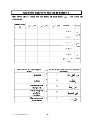 www.understandquran.com 44
Grammar questions related to Lesson 8
Q1: Write three times the six form of past tense َ‫ل‬َ‫ع‬َ‫ف‬ and write its
meanings:
Translatio
n
‫ﻣﺎﺿ‬ ‫ﻓﻌﻞ‬‫ﻲ‬ ‫ﻣﺎﺿ‬ ‫ﻓﻌﻞ‬‫ﻲ‬ ‫ﻣﺎﺿ‬ ‫ﻓﻌﻞ‬‫ﻲ‬ ‫ﻋﺪد‬Number Person
sr. ‫اﺣﺪ‬w
3
rd
‫ﻏﺎﺋﺐ‬
pl. ‫ﺟﻤﻊ‬
sr. ‫اﺣﺪ‬w
2nd
‫ﺣﺎﺿﺮ‬
pl. ‫ﺟﻤﻊ‬
sr. ‫اﺣﺪ‬w
1st
‫ﻢ‬ّ‫ﻣﺘﳫ‬pl. ‫ﺟﻤﻊ‬ dl.
‫ﻣﺜﻨﻰ‬
Q2: Break the Arabic words and write the
meanings.
Q3: Translate the following into
Arabic.
‫ا‬َ‫ﻫﺬ‬ َ‫ﻞ‬َ‫ﻌ‬َ‫ﻓ‬ ْ‫ﻦ‬َ‫ﻣ‬I did this
َ‫ﺖ‬ْ‫ﻠ‬َ‫ﻌ‬َ‫ﻓ‬َwIn loss
َ‫ﻚ‬ِّ‫ﺑ‬َ‫ر‬ ْ‫ﻦ‬ِ‫ﻣ‬Believed and
did good
ْ‫ﻢ‬ِ‫ﻬ‬ِ‫ﻨ‬ْ‫ﻳ‬ِ‫د‬ ْ‫ﻲ‬ِ‫ﻓ‬
Your religion
and my
religion
ٰ‫ﱃ‬ِ‫ا‬َ‫ﻚ‬ِّ‫ﺑ‬َ‫ر‬My name and
your name
 
