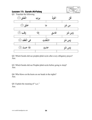 www.understandquran.com 59
Lesson 11: Surah Al-Falaq
Q1: Translate the following.
ْ‫ﻞ‬ُ‫ﻗ‬ُ‫ذ‬ْ ُ‫ﻋ‬َ‫ا‬ِّ‫ب‬َ‫ﺮ‬ِ‫ﺑ‬٪﴿ ِ‫ﻖ‬َ‫ﻠ‬َ‫ﻔ‬ْ‫اﻟ‬١m٪﴾
ِّ‫ﺮ‬َ‫ﺷ‬ ‫ﻦ‬ِ‫ﻣ‬‫ﺎ‬َ‫ﻣ‬َ‫ﻠ‬َ‫ﺧ‬َ‫ﻖ‬٪﴿٢m٪﴾
ِّ‫ﺮ‬َ‫ﺷ‬ ‫ﻦ‬ِ‫ﻣ‬َwٍ‫ﻖ‬ِ‫ﺳ‬‫ﺎ‬َ‫ﻏ‬‫ا‬َ‫ذ‬ِ‫إ‬٪﴿ َ‫ﺐ‬َ‫ﻗ‬َw٣m٪﴾
ِّ‫ﺮ‬َ‫ﺷ‬ ‫ﻦ‬ِ‫ﻣ‬َwِ‫ﺖ‬ٰ‫ﺜ‬‫ﻔ‬‫اﻟﻨ‬٪﴿ ِ‫ﺪ‬َ‫ﻘ‬ُ‫ﻌ‬ْ‫اﻟ‬ ‫ﻰ‬ِ‫ﻓ‬٤m٪﴾
ِّ‫ﺮ‬َ‫ﺷ‬ ‫ﻦ‬ِ‫ﻣ‬َwٍ‫ﺪ‬ِ‫ﺳ‬‫ﺎ‬َ‫ﺣ‬َ‫ﺪ‬َ‫ﺴ‬َ‫ﺣ‬ ‫ا‬َ‫ذ‬ِ‫ا‬٪﴿٥ۧ٪﴾
Q2: Which Surahs did our prophet pbuh recite after every obligatory prayer?
Ans:
Q3: Which Surahs did our Prophet pbuh recite before going to sleep?
Ans:
Q4: Who blows on the knots on our heads in the nights?
Ans:
Q5: Explain the meaning of “‫”.ﺣﺴﺪ‬
Ans:
Propagate              Ask
 
Plan                Evaluate
Imagine
Feel
 