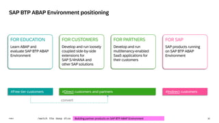 32
PUBLIC
PUBLIC
SAP BTP ABAP Environment positioning
#Free tier customers #Direct customers and partners #Indirect customers
FOR CUSTOMERS
Develop and run loosely
coupled side-by-side
extensions for
SAP S/4HANA and
other SAP solutions
FOR PARTNERS
Develop and run
multitenancy-enabled
SaaS applications for
their customers
FOR EDUCATION
Learn ABAP and
evaluate SAP BTP ABAP
Environment
convert
FOR SAP
SAP products running
on SAP BTP ABAP
Environment
/watch the deep dive Building partner products on SAP BTP ABAP Environment
 