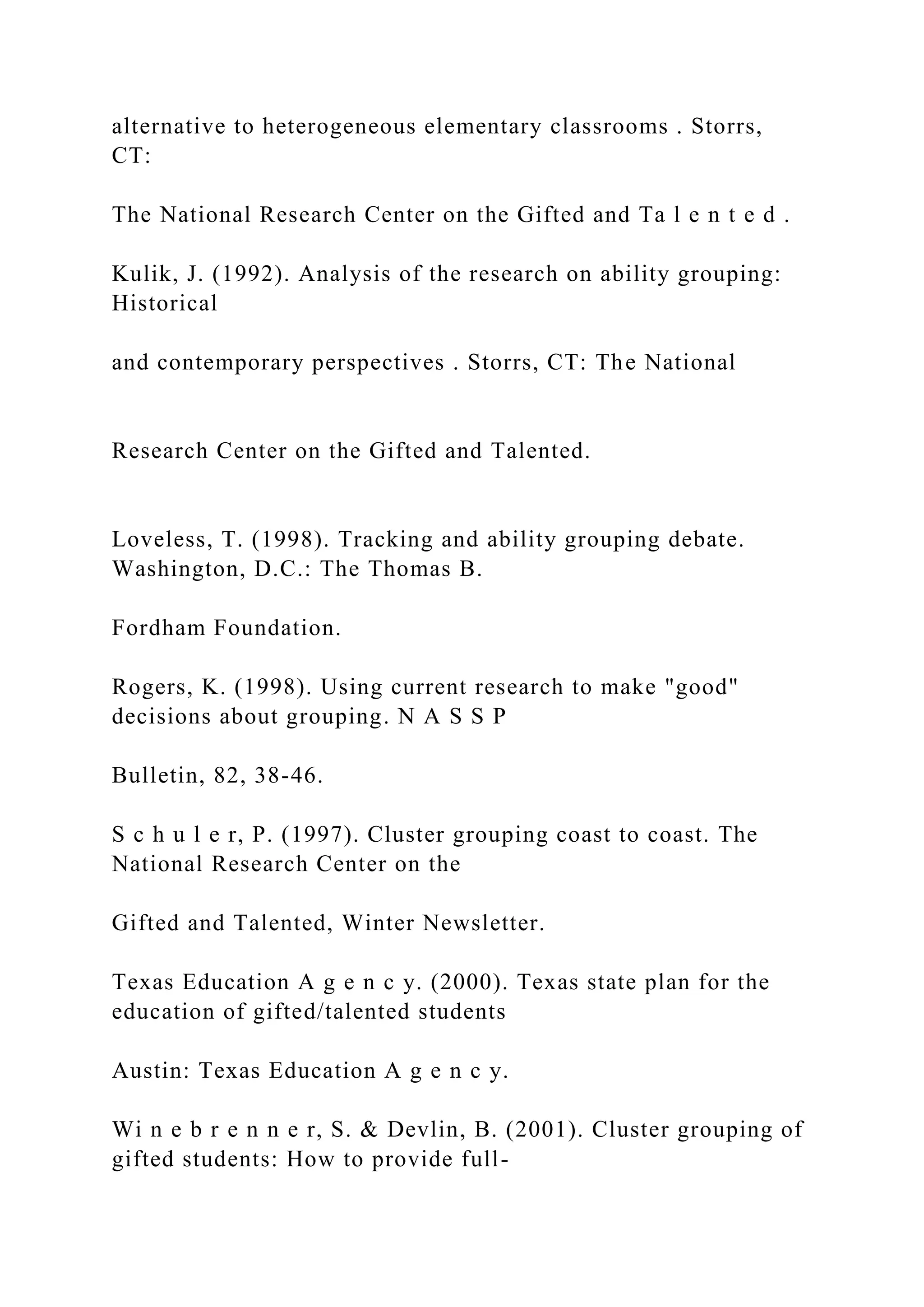 alternative to heterogeneous elementary classrooms . Storrs,
CT:
The National Research Center on the Gifted and Ta l e n t e d .
Kulik, J. (1992). Analysis of the research on ability grouping:
Historical
and contemporary perspectives . Storrs, CT: The National
Research Center on the Gifted and Talented.
Loveless, T. (1998). Tracking and ability grouping debate.
Washington, D.C.: The Thomas B.
Fordham Foundation.
Rogers, K. (1998). Using current research to make "good"
decisions about grouping. N A S S P
Bulletin, 82, 38-46.
S c h u l e r, P. (1997). Cluster grouping coast to coast. The
National Research Center on the
Gifted and Talented, Winter Newsletter.
Texas Education A g e n c y. (2000). Texas state plan for the
education of gifted/talented students
Austin: Texas Education A g e n c y.
Wi n e b r e n n e r, S. & Devlin, B. (2001). Cluster grouping of
gifted students: How to provide full-
 