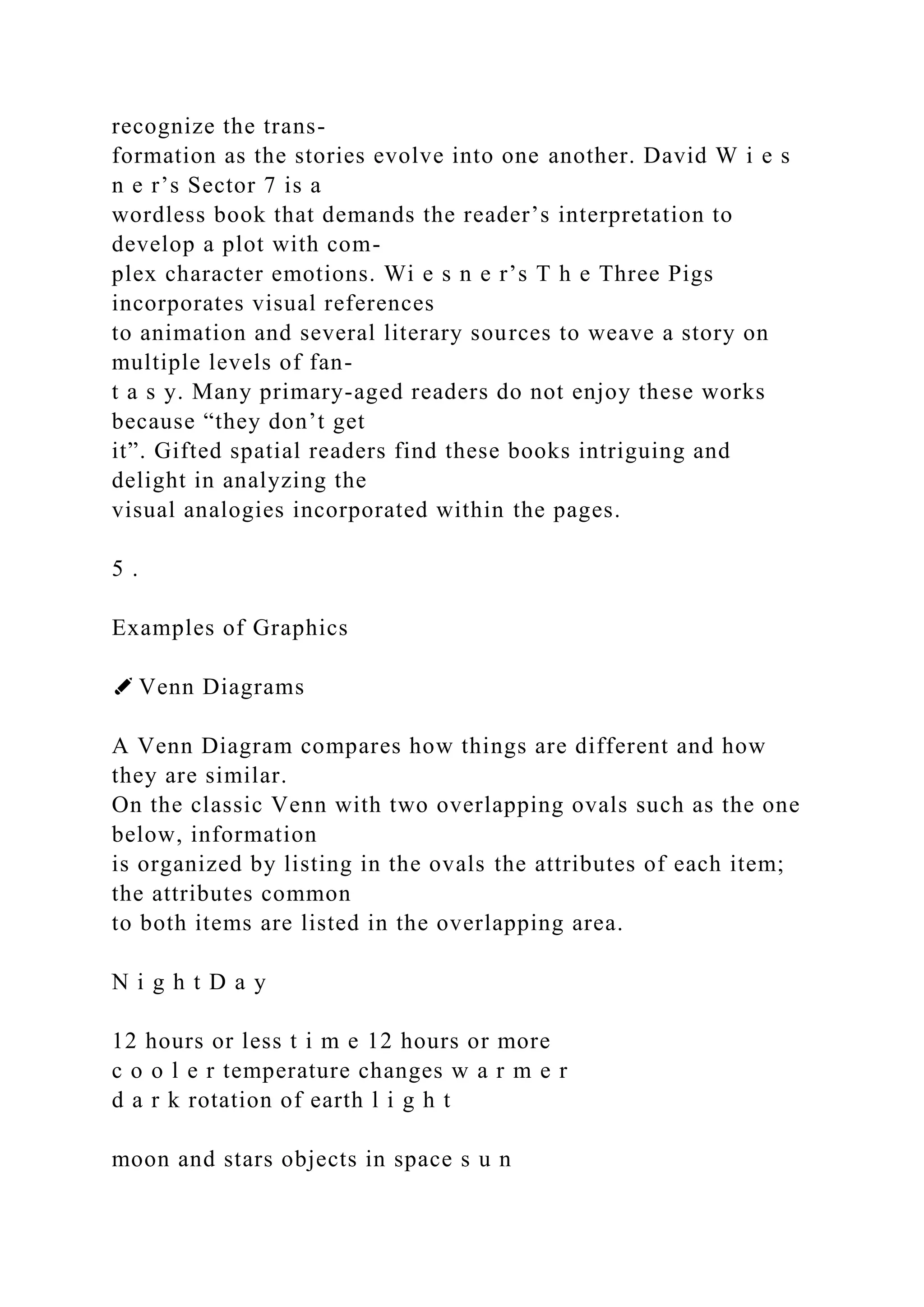 recognize the trans-
formation as the stories evolve into one another. David W i e s
n e r’s Sector 7 is a
wordless book that demands the reader’s interpretation to
develop a plot with com-
plex character emotions. Wi e s n e r’s T h e Three Pigs
incorporates visual references
to animation and several literary sources to weave a story on
multiple levels of fan-
t a s y. Many primary-aged readers do not enjoy these works
because “they don’t get
it”. Gifted spatial readers find these books intriguing and
delight in analyzing the
visual analogies incorporated within the pages.
5 .
Examples of Graphics
✐ Venn Diagrams
A Venn Diagram compares how things are different and how
they are similar.
On the classic Venn with two overlapping ovals such as the one
below, information
is organized by listing in the ovals the attributes of each item;
the attributes common
to both items are listed in the overlapping area.
N i g h t D a y
12 hours or less t i m e 12 hours or more
c o o l e r temperature changes w a r m e r
d a r k rotation of earth l i g h t
moon and stars objects in space s u n
 