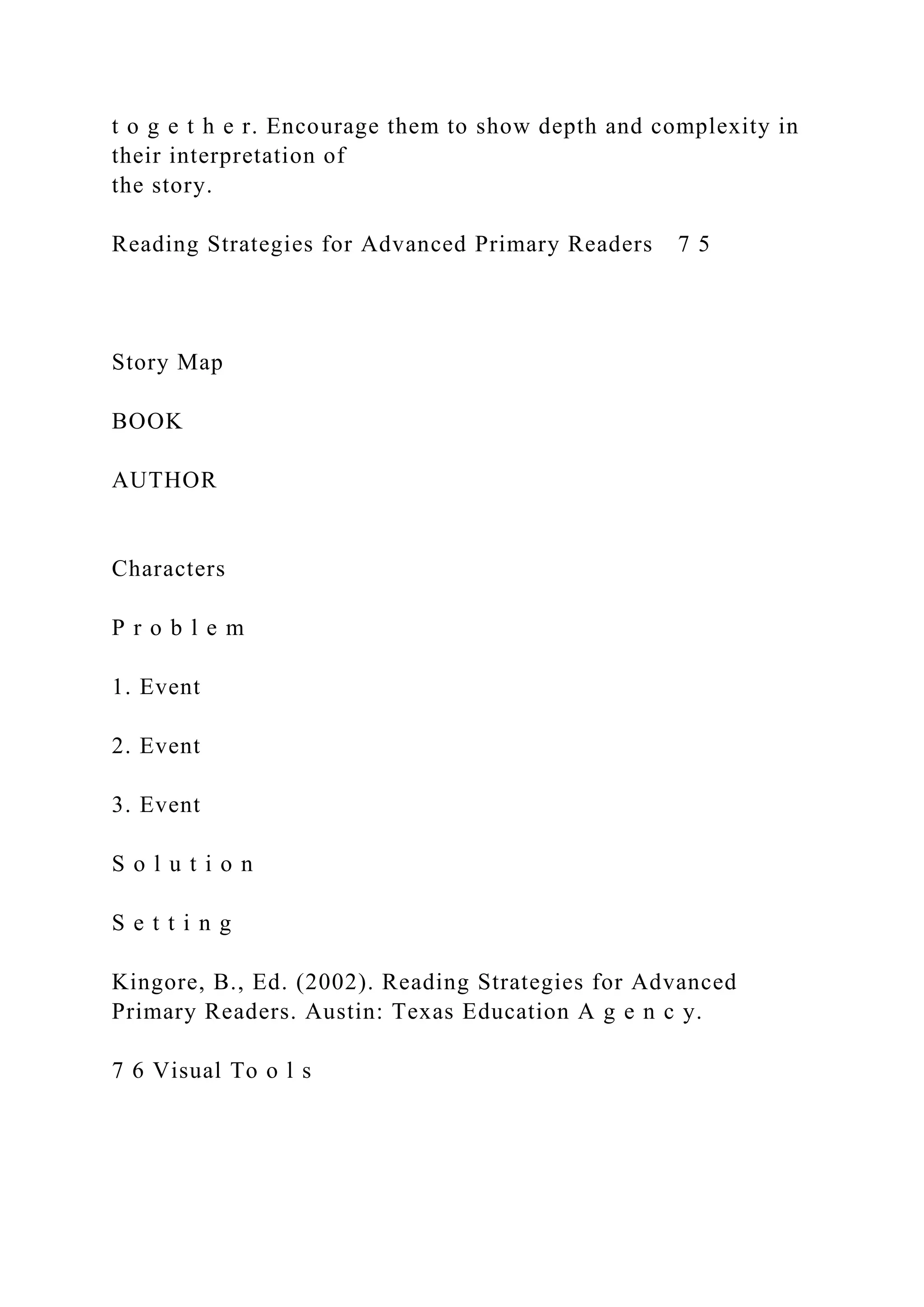 t o g e t h e r. Encourage them to show depth and complexity in
their interpretation of
the story.
Reading Strategies for Advanced Primary Readers 7 5
Story Map
BOOK
AUTHOR
Characters
P r o b l e m
1. Event
2. Event
3. Event
S o l u t i o n
S e t t i n g
Kingore, B., Ed. (2002). Reading Strategies for Advanced
Primary Readers. Austin: Texas Education A g e n c y.
7 6 Visual To o l s
 