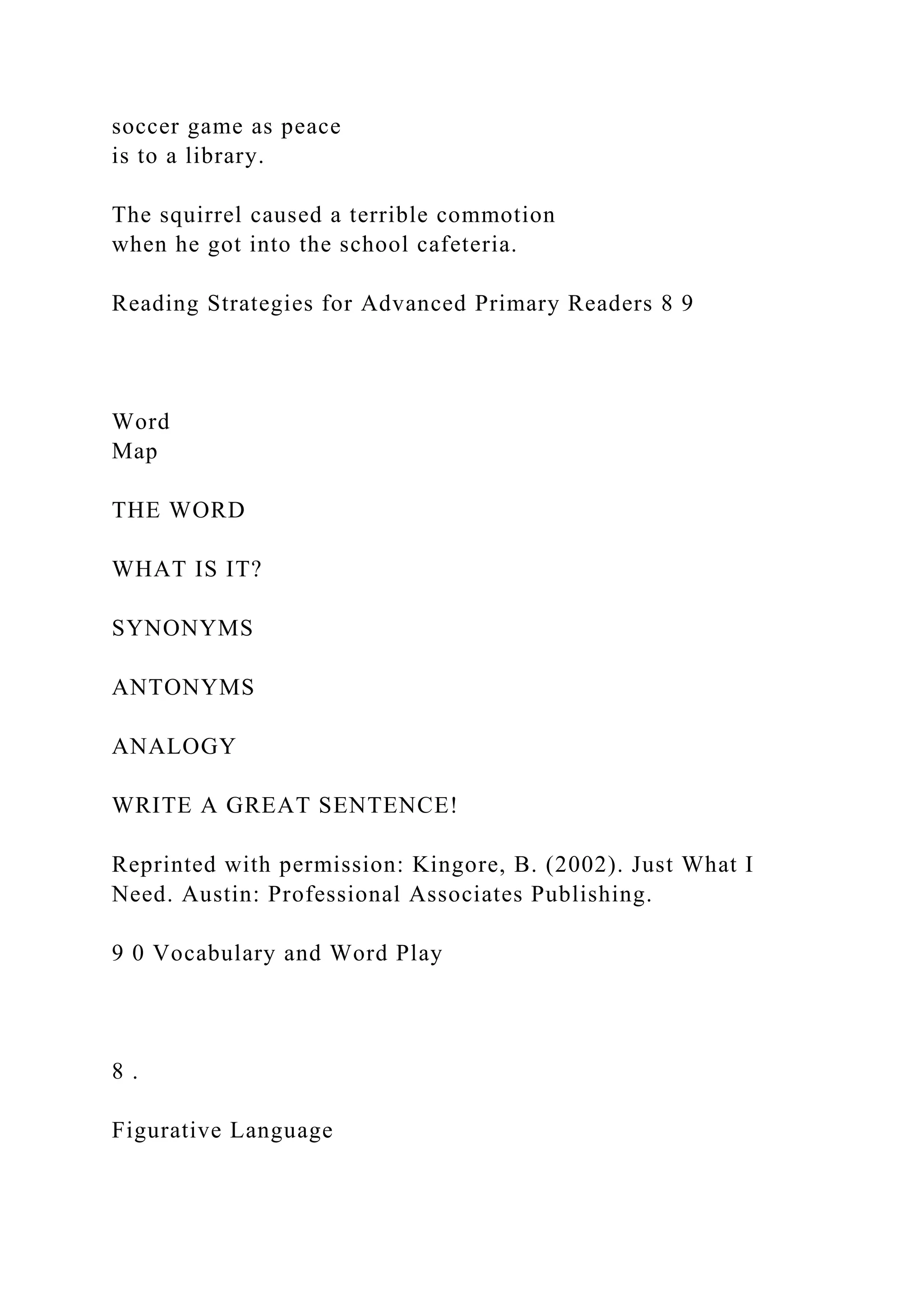 soccer game as peace
is to a library.
The squirrel caused a terrible commotion
when he got into the school cafeteria.
Reading Strategies for Advanced Primary Readers 8 9
Word
Map
THE WORD
WHAT IS IT?
SYNONYMS
ANTONYMS
ANALOGY
WRITE A GREAT SENTENCE!
Reprinted with permission: Kingore, B. (2002). Just What I
Need. Austin: Professional Associates Publishing.
9 0 Vocabulary and Word Play
8 .
Figurative Language
 