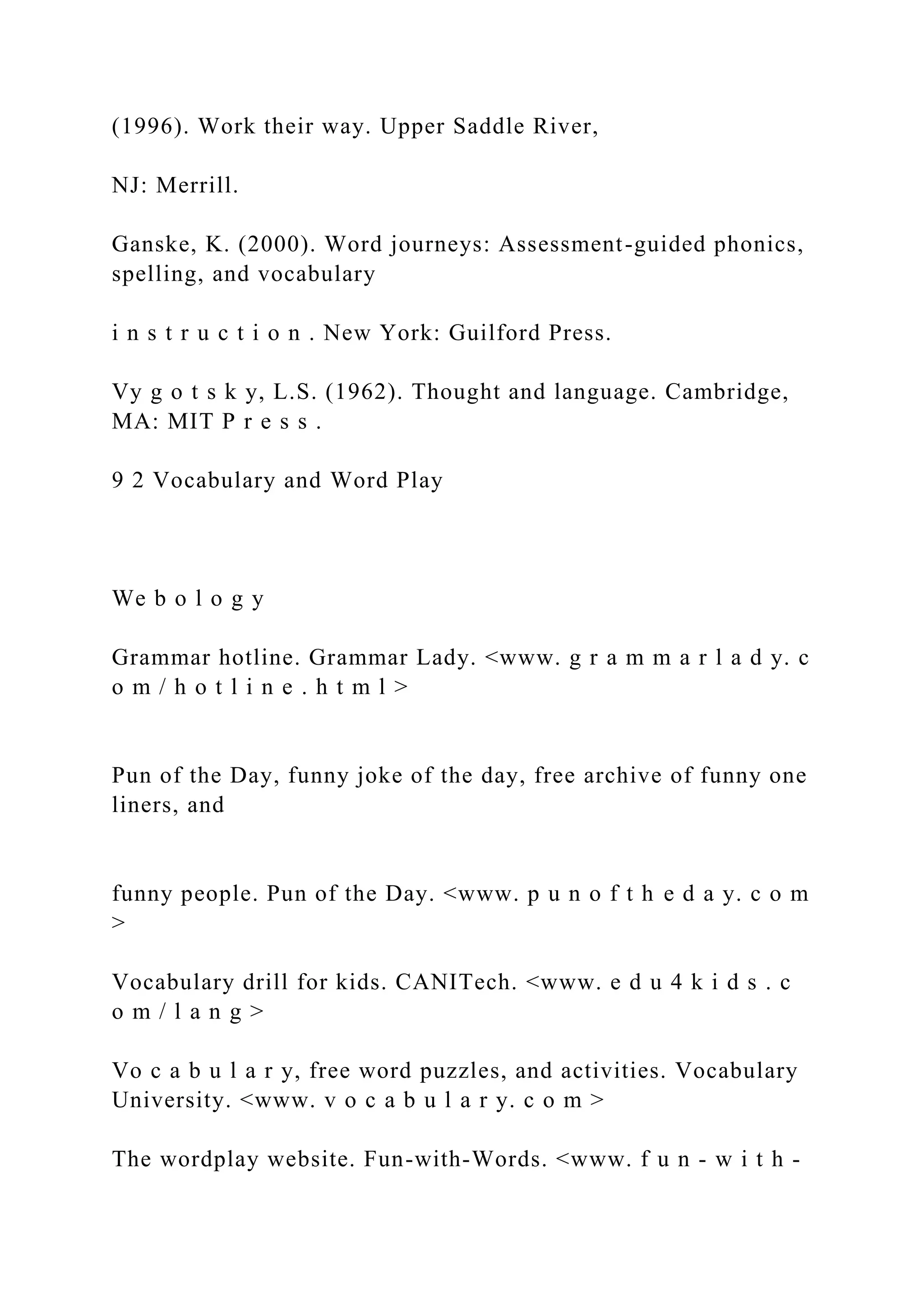 (1996). Work their way. Upper Saddle River,
NJ: Merrill.
Ganske, K. (2000). Word journeys: Assessment-guided phonics,
spelling, and vocabulary
i n s t r u c t i o n . New York: Guilford Press.
Vy g o t s k y, L.S. (1962). Thought and language. Cambridge,
MA: MIT P r e s s .
9 2 Vocabulary and Word Play
We b o l o g y
Grammar hotline. Grammar Lady. <www. g r a m m a r l a d y. c
o m / h o t l i n e . h t m l >
Pun of the Day, funny joke of the day, free archive of funny one
liners, and
funny people. Pun of the Day. <www. p u n o f t h e d a y. c o m
>
Vocabulary drill for kids. CANITech. <www. e d u 4 k i d s . c
o m / l a n g >
Vo c a b u l a r y, free word puzzles, and activities. Vocabulary
University. <www. v o c a b u l a r y. c o m >
The wordplay website. Fun-with-Words. <www. f u n - w i t h -
 