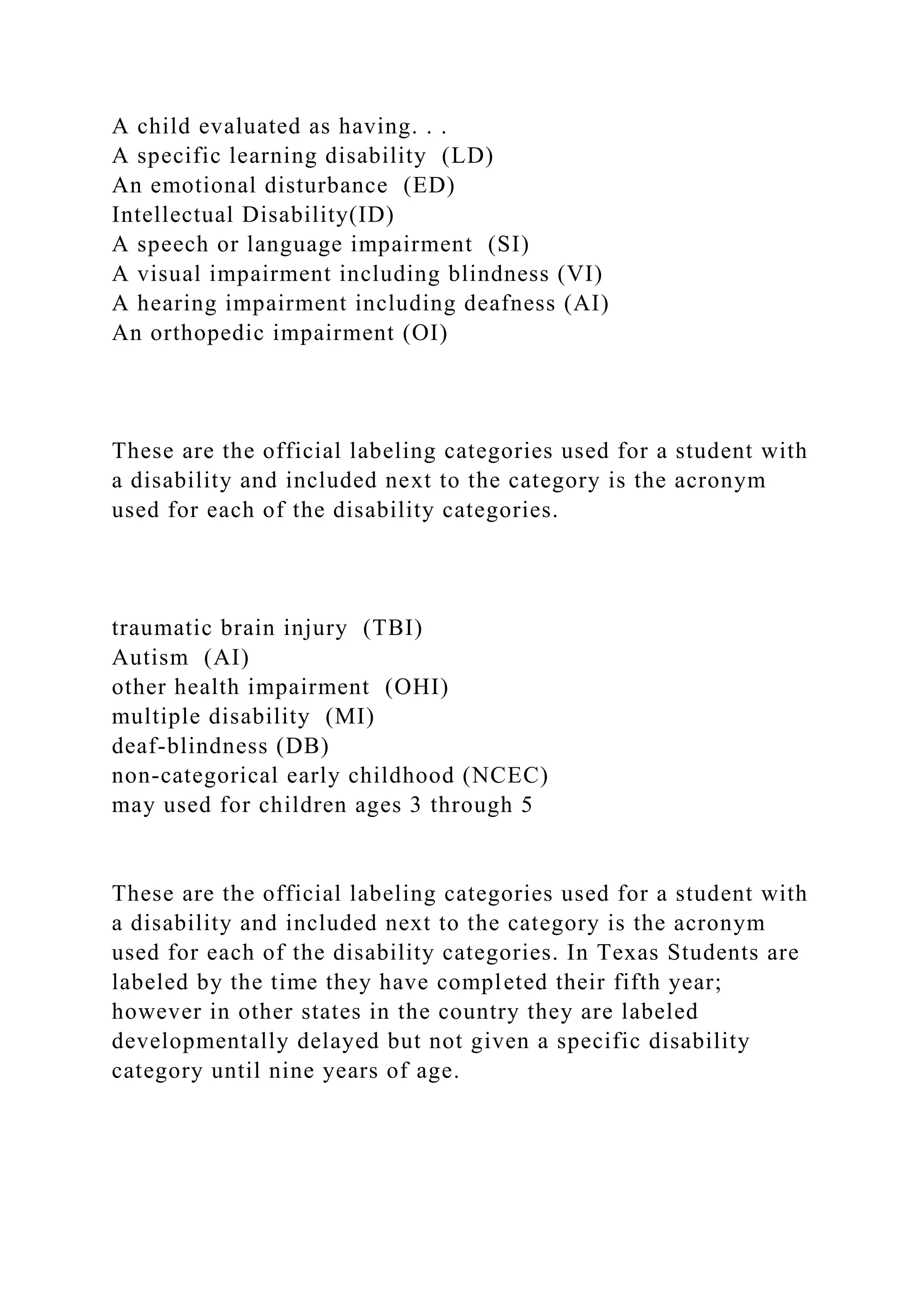 A child evaluated as having. . .
A specific learning disability (LD)
An emotional disturbance (ED)
Intellectual Disability(ID)
A speech or language impairment (SI)
A visual impairment including blindness (VI)
A hearing impairment including deafness (AI)
An orthopedic impairment (OI)
These are the official labeling categories used for a student with
a disability and included next to the category is the acronym
used for each of the disability categories.
traumatic brain injury (TBI)
Autism (AI)
other health impairment (OHI)
multiple disability (MI)
deaf-blindness (DB)
non-categorical early childhood (NCEC)
may used for children ages 3 through 5
These are the official labeling categories used for a student with
a disability and included next to the category is the acronym
used for each of the disability categories. In Texas Students are
labeled by the time they have completed their fifth year;
however in other states in the country they are labeled
developmentally delayed but not given a specific disability
category until nine years of age.
 