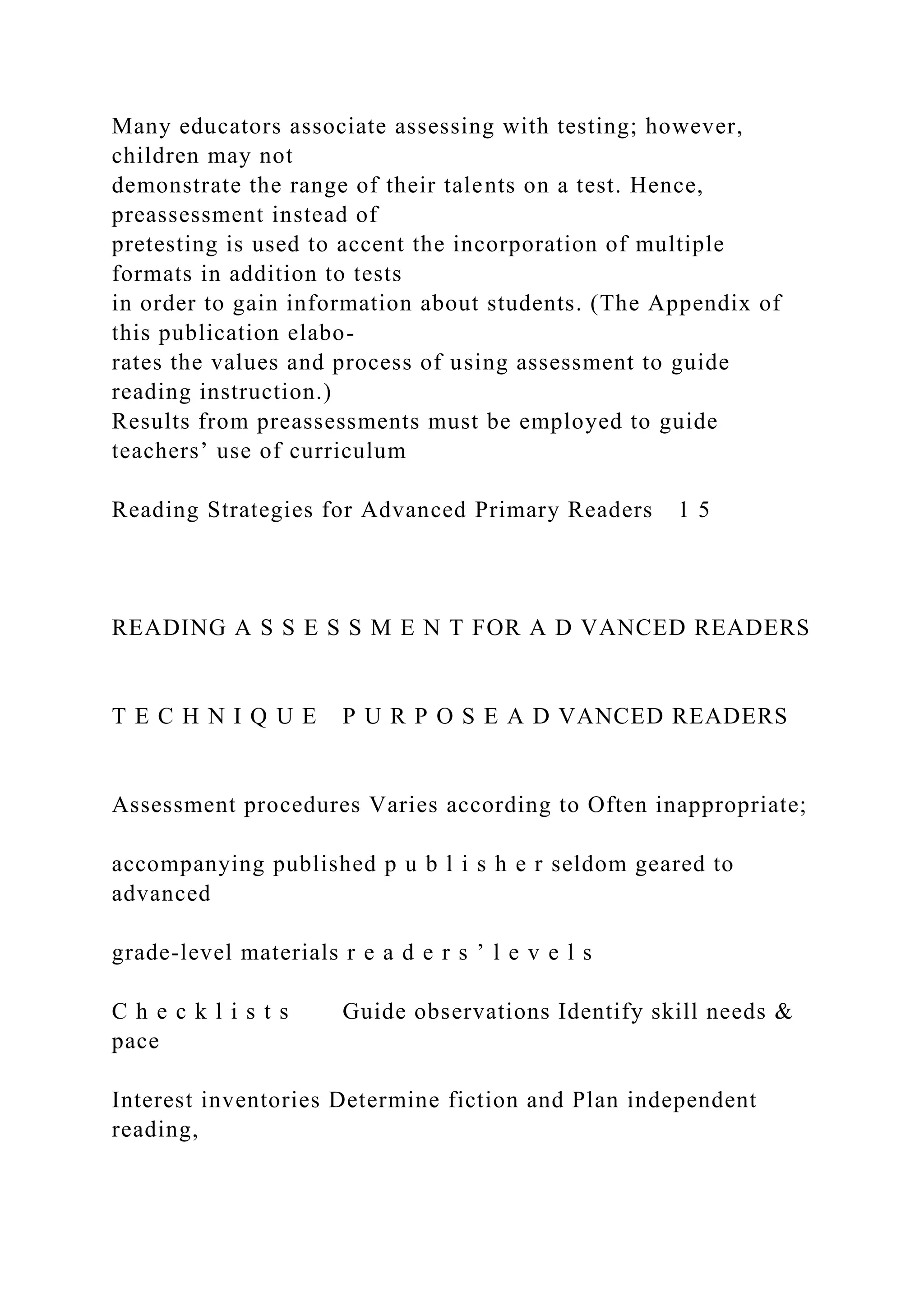Many educators associate assessing with testing; however,
children may not
demonstrate the range of their talents on a test. Hence,
preassessment instead of
pretesting is used to accent the incorporation of multiple
formats in addition to tests
in order to gain information about students. (The Appendix of
this publication elabo-
rates the values and process of using assessment to guide
reading instruction.)
Results from preassessments must be employed to guide
teachers’ use of curriculum
Reading Strategies for Advanced Primary Readers 1 5
READING A S S E S S M E N T FOR A D VANCED READERS
T E C H N I Q U E P U R P O S E A D VANCED READERS
Assessment procedures Varies according to Often inappropriate;
accompanying published p u b l i s h e r seldom geared to
advanced
grade-level materials r e a d e r s ’ l e v e l s
C h e c k l i s t s Guide observations Identify skill needs &
pace
Interest inventories Determine fiction and Plan independent
reading,
 