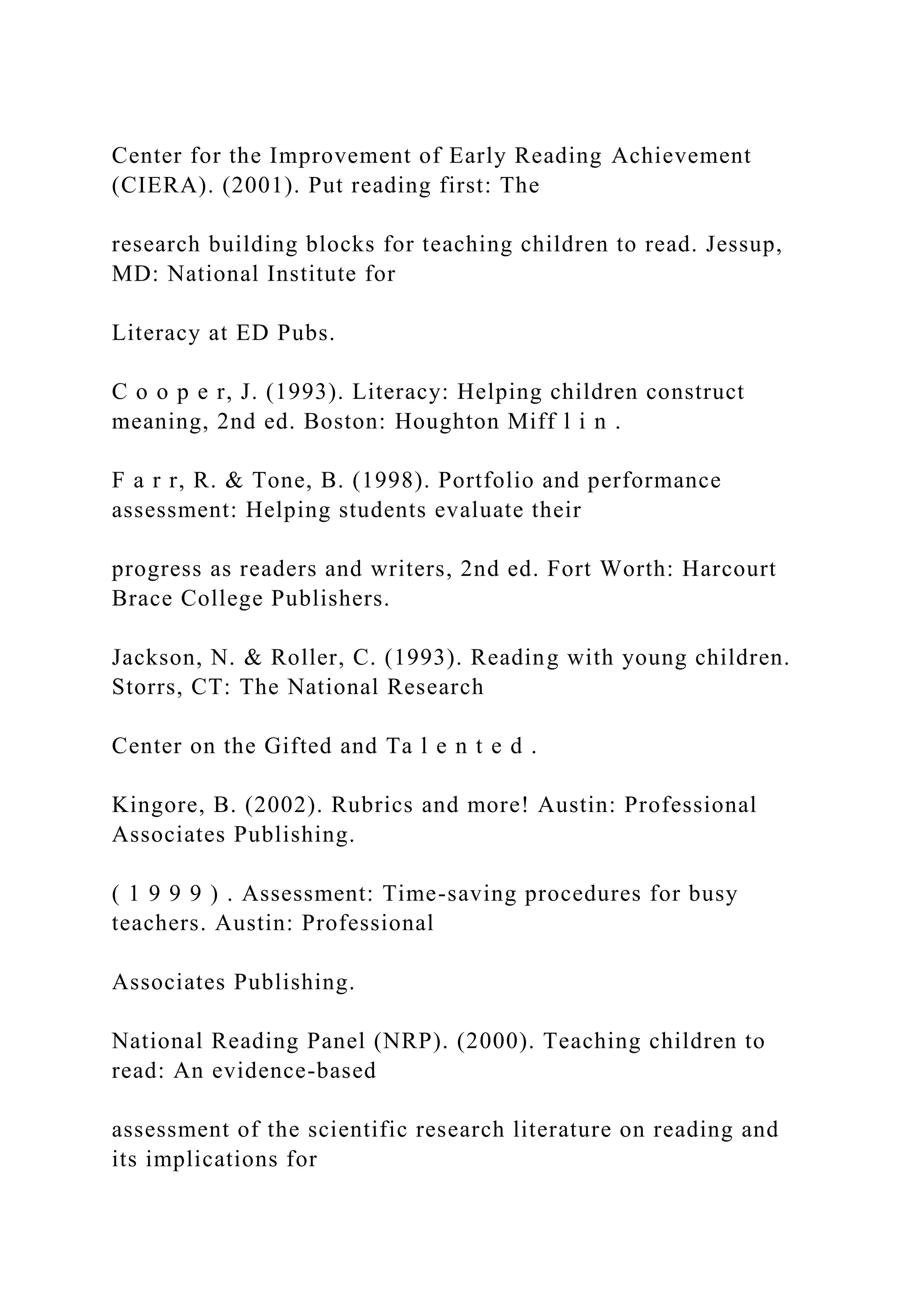 Center for the Improvement of Early Reading Achievement
(CIERA). (2001). Put reading first: The
research building blocks for teaching children to read. Jessup,
MD: National Institute for
Literacy at ED Pubs.
C o o p e r, J. (1993). Literacy: Helping children construct
meaning, 2nd ed. Boston: Houghton Miff l i n .
F a r r, R. & Tone, B. (1998). Portfolio and performance
assessment: Helping students evaluate their
progress as readers and writers, 2nd ed. Fort Worth: Harcourt
Brace College Publishers.
Jackson, N. & Roller, C. (1993). Reading with young children.
Storrs, CT: The National Research
Center on the Gifted and Ta l e n t e d .
Kingore, B. (2002). Rubrics and more! Austin: Professional
Associates Publishing.
( 1 9 9 9 ) . Assessment: Time-saving procedures for busy
teachers. Austin: Professional
Associates Publishing.
National Reading Panel (NRP). (2000). Teaching children to
read: An evidence-based
assessment of the scientific research literature on reading and
its implications for
 