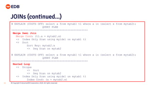 © Copyright EnterpriseDB Corporation, 2020. All rights reserved.15
# EXPLAIN (COSTS OFF) select a from mytab1 t1 where a in (select x from mytab2);
QUERY PLAN
-------------------------------------------------
Merge Semi Join
Merge Cond: (t1.a = mytab2.x)
-> Index Only Scan using myidx1 on mytab1 t1
-> Sort
Sort Key: mytab2.x
-> Seq Scan on mytab2
# EXPLAIN (COSTS OFF) select a from mytab1 t1 where a in (select x from mytab2);
QUERY PLAN
-------------------------------------------------
Nested Loop
-> Unique
-> Sort
-> Seq Scan on mytab2
-> Index Only Scan using myidx1 on mytab1 t1
Index Cond: (a = mytab2.x)
JOINs (continued...)
 