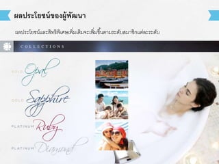 ผลประโยชน์ของผู้พัฒนา 
ผลประโยชน์และสิทธิพิเศษเพิ่มเติมจะเพิ่มขึน้ตามระดับสมาชิกแตล่ะระดับ 
 