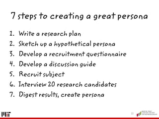 7 steps to creating a great persona
1. Write a research plan
2. Sketch up a hypothetical persona
3. Develop a recruitment questionnaire
4. Develop a discussion guide
5. Recruit subject
6. Interview 20 research candidates
7. Digest results, create persona
22
 