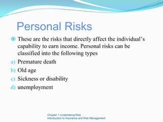 Personal Risks
     These are the risks that directly affect the individual’s
     capability to earn income. Personal risks can be
     classified into the following types
a)   Premature death
b)   Old age
c)   Sickness or disability
d)   unemployment



                  Chapter 1 Undertaking Risk
                  Intorduction to Insurance and Risk Management
 