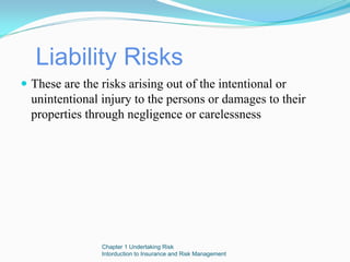 Liability Risks
These are the risks arising out of the intentional or
unintentional injury to the persons or damages to their
properties through negligence or carelessness




              Chapter 1 Undertaking Risk
              Intorduction to Insurance and Risk Management
 