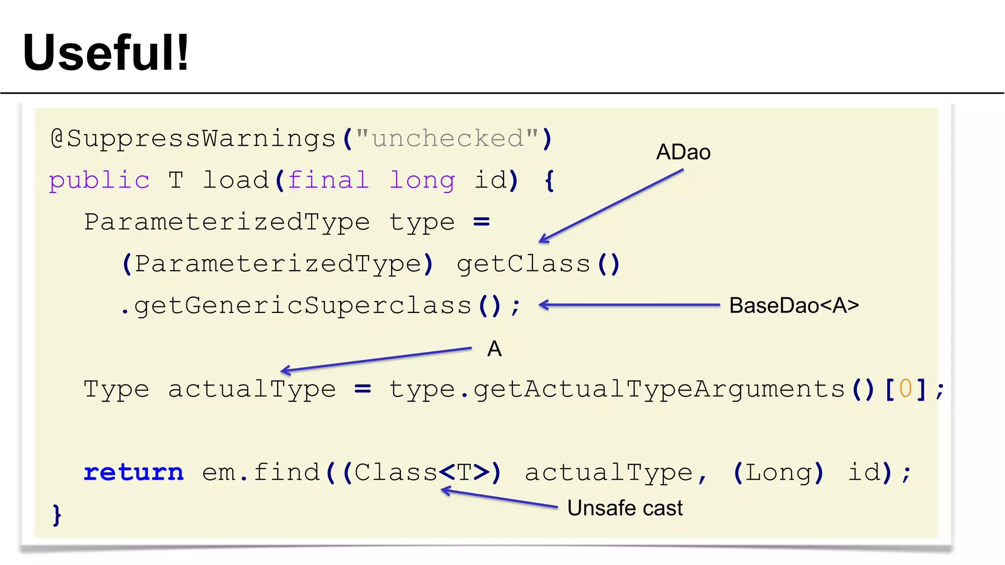 Useful!
@SuppressWarnings("unchecked")
public T load(final long id) {
ParameterizedType type =
(ParameterizedType) getClass()
.getGenericSuperclass();

ADao

BaseDao<A>

A

Type actualType = type.getActualTypeArguments()[0];
return em.find((Class<T>) actualType, (Long) id);
}

Unsafe cast

 