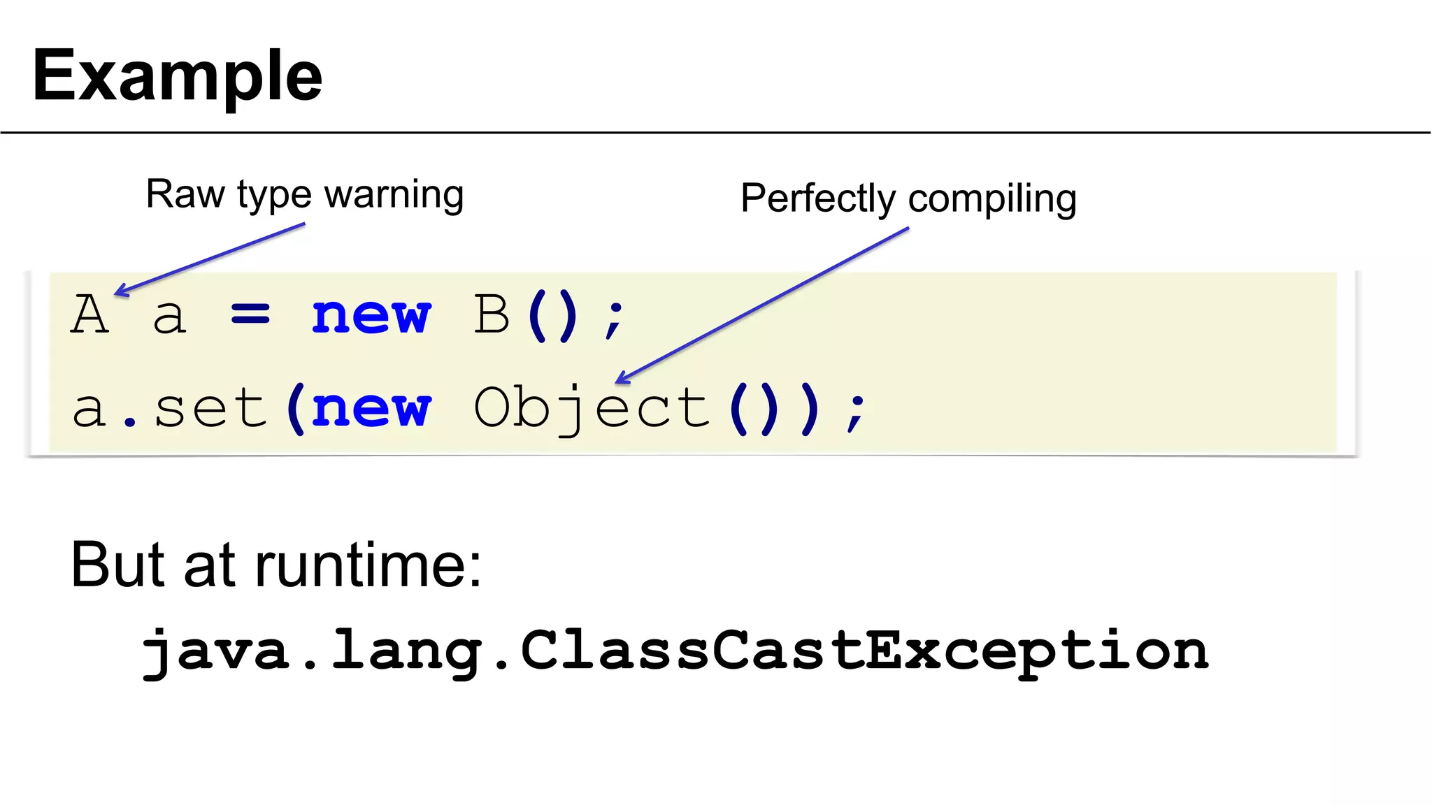 Example
Raw type warning

Perfectly compiling

A a = new B();
a.set(new Object());
But at runtime:
java.lang.ClassCastException

 