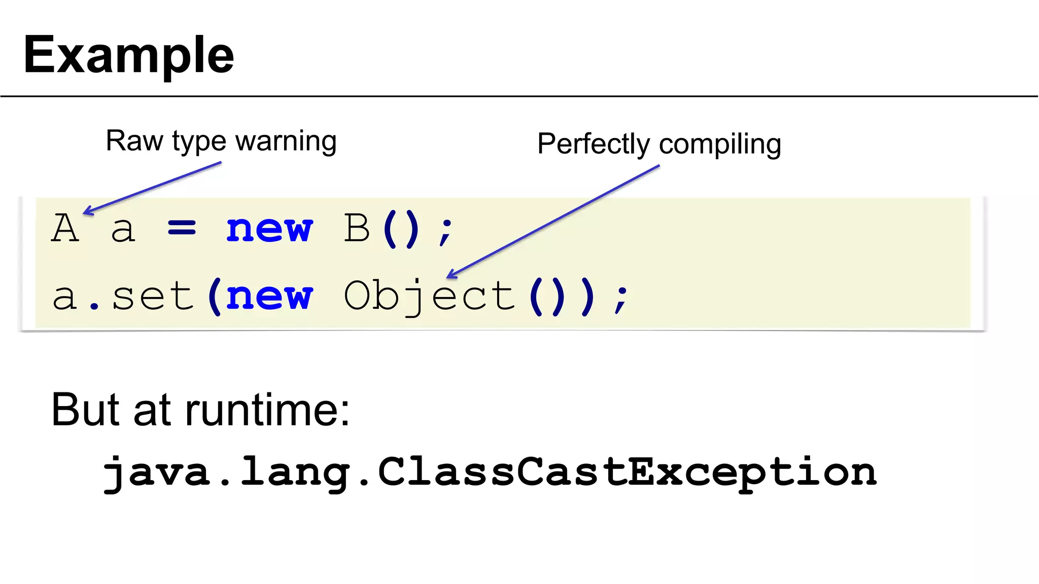 Example
A a = new B();
a.set(new Object());
But at runtime:
java.lang.ClassCastException
Raw type warning Perfectly compiling
 