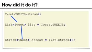 How did it do it?
Tweet.TWEETS.stream()
List<Tweet> list = Tweet.TWEETS;
Stream<Tweet> stream = list.stream();
 