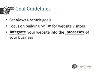 Goal Guidelines
• Set ____________ goals
• Focus on building _____ for website visitors
• ________ your website into the _________ of
your business
viewer-centric
value
processesIntegrate
 