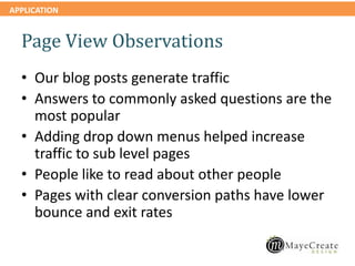 APPLICATION
Page View Observations
• Our blog posts generate traffic
• Answers to commonly asked questions are the
most popular
• Adding drop down menus helped increase
traffic to sub level pages
• People like to read about other people
• Pages with clear conversion paths have lower
bounce and exit rates
 
