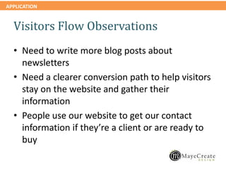 APPLICATION
Visitors Flow Observations
• Need to write more blog posts about
newsletters
• Need a clearer conversion path to help visitors
stay on the website and gather their
information
• People use our website to get our contact
information if they’re a client or are ready to
buy
 