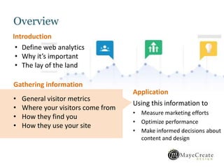 Overview
Introduction
• General visitor metrics
• Where your visitors come from
• How they find you
• How they use your site
Application
Using this information to
• Measure marketing efforts
• Optimize performance
• Make informed decisions about
content and design
• Define web analytics
• Why it’s important
• The lay of the land
Gathering information
 