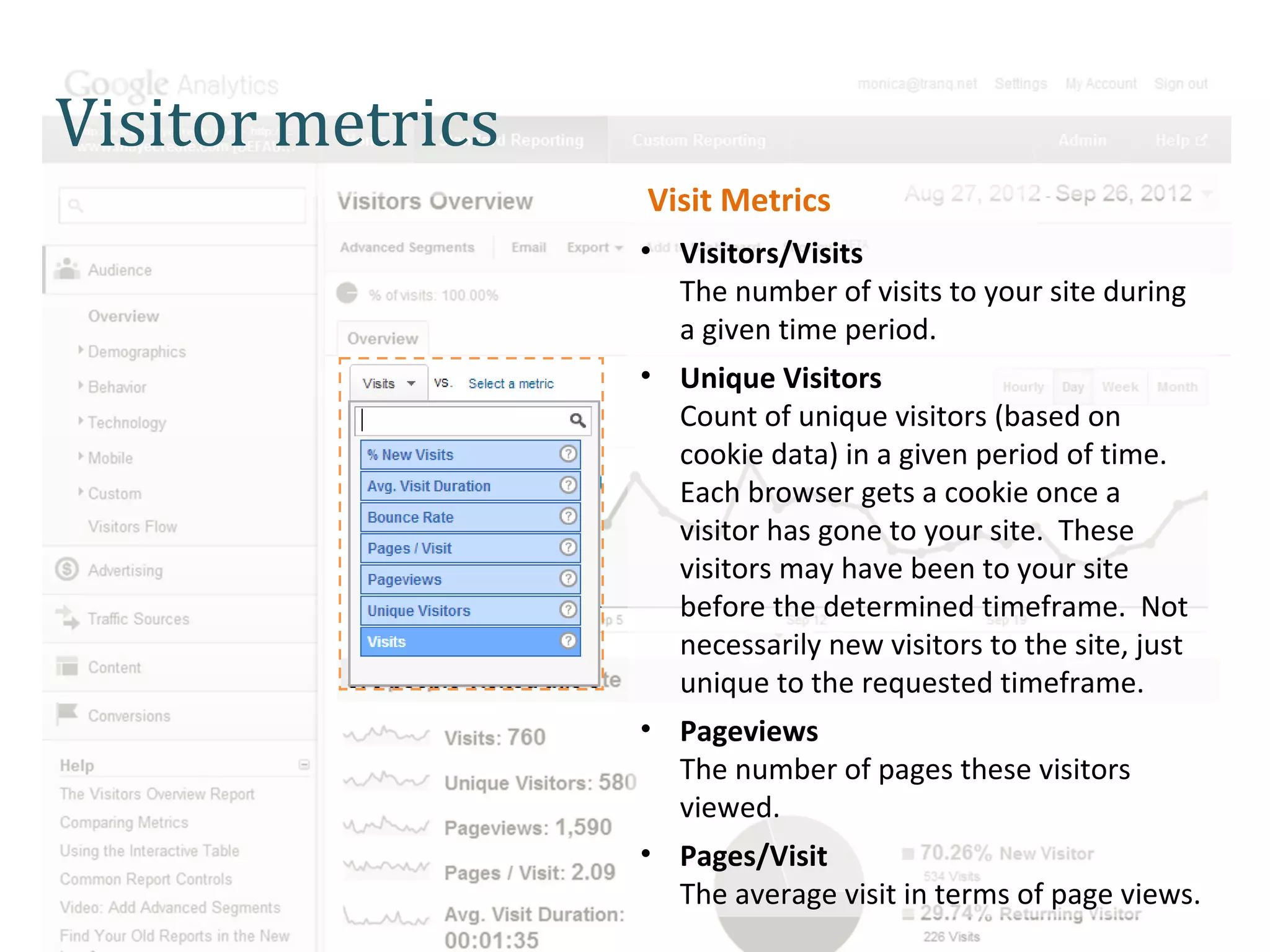 Visitor metrics
                  Visit Metrics
                  • Visitors/Visits
                    The number of visits to your site during
                    a given time period.
                  • Unique Visitors
                    Count of unique visitors (based on
                    cookie data) in a given period of time.
                    Each browser gets a cookie once a
                    visitor has gone to your site. These
                    visitors may have been to your site
                    before the determined timeframe. Not
                    necessarily new visitors to the site, just
                    unique to the requested timeframe.
                  • Pageviews
                    The number of pages these visitors
                    viewed.
                  • Pages/Visit
                    The average visit in terms of page views.
 