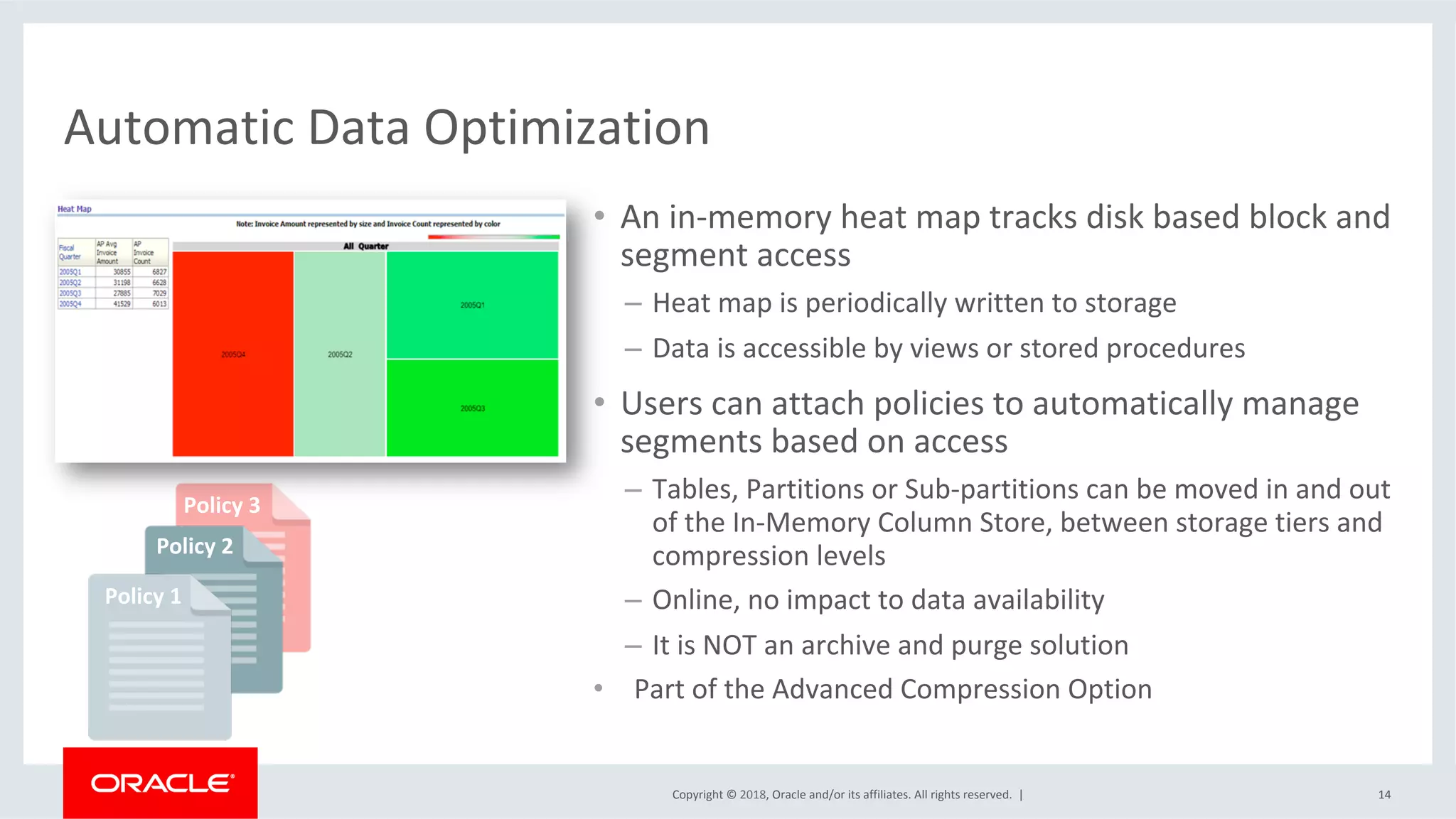 Copyright	©	2018,	Oracle	and/or	its	affiliates.	All	rights	reserved.		|	
Policy	3	
Policy	2	
Automatic	Data	Optimization	
Heat	
Map	
•  An	in-memory	heat	map	tracks	disk	based	block	and	
segment	access	
–  Heat	map	is	periodically	written	to	storage	
–  Data	is	accessible	by	views	or	stored	procedures	
•  Users	can	attach	policies	to	automatically	manage	
segments	based	on	access	
–  Tables,	Partitions	or	Sub-partitions	can	be	moved	in	and	out	
of	the	In-Memory	Column	Store,	between	storage	tiers	and	
compression	levels	
–  Online,	no	impact	to	data	availability	
–  It	is	NOT	an	archive	and	purge	solution	
•  Part	of	the	Advanced	Compression	Option	
Policy	1	
14	
 