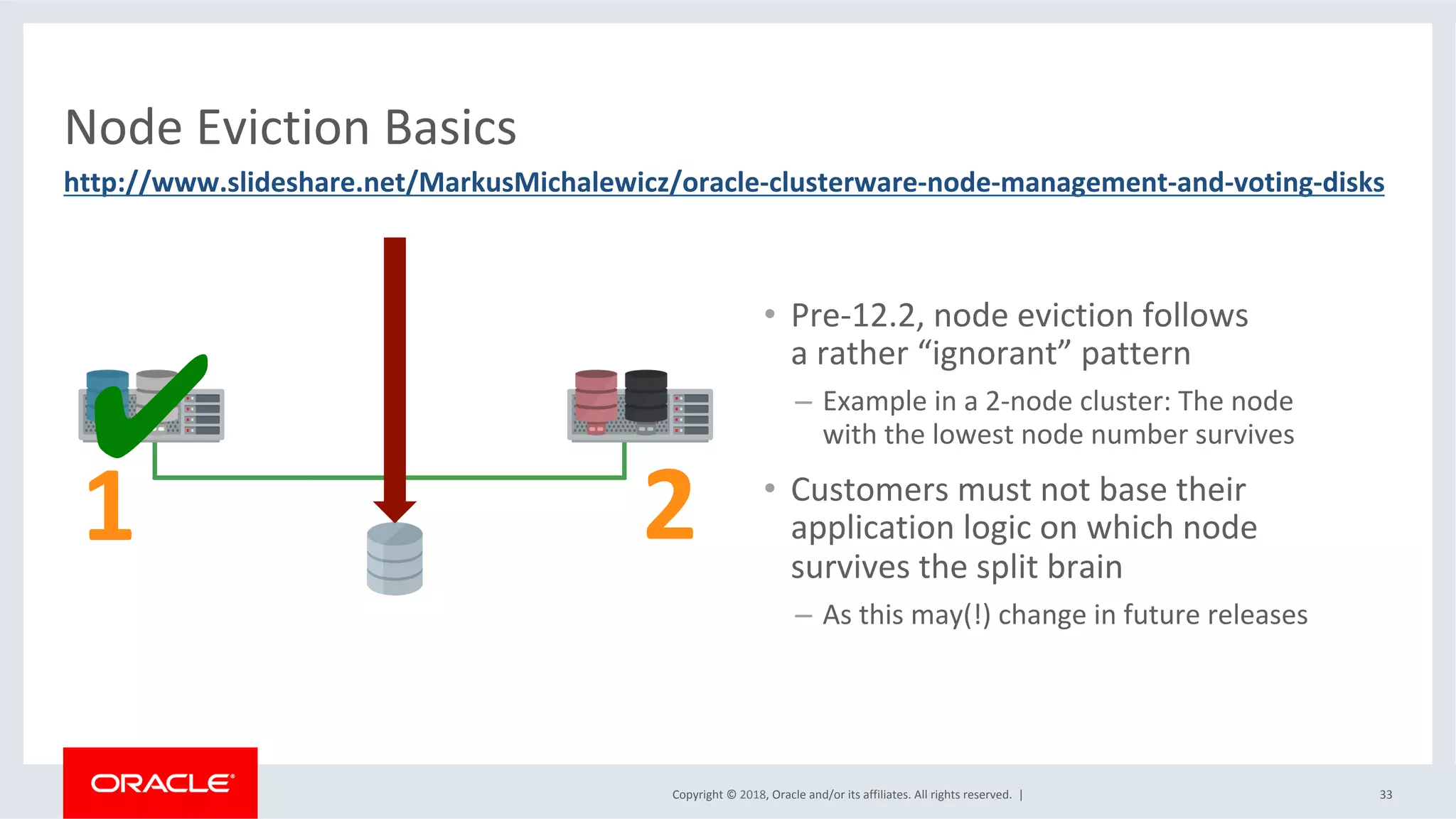 Copyright	©	2018,	Oracle	and/or	its	affiliates.	All	rights	reserved.		|	 33	
•  Pre-12.2,	node	eviction	follows		
a	rather	“ignorant”	pattern	
–  Example	in	a	2-node	cluster:	The	node		
with	the	lowest	node	number	survives	
•  Customers	must	not	base	their	
application	logic	on	which	node		
survives	the	split	brain	
–  As	this	may(!)	change	in	future	releases		
Node	Eviction	Basics	
http://www.slideshare.net/MarkusMichalewicz/oracle-clusterware-node-management-and-voting-disks		
✔	
1	 2	
 