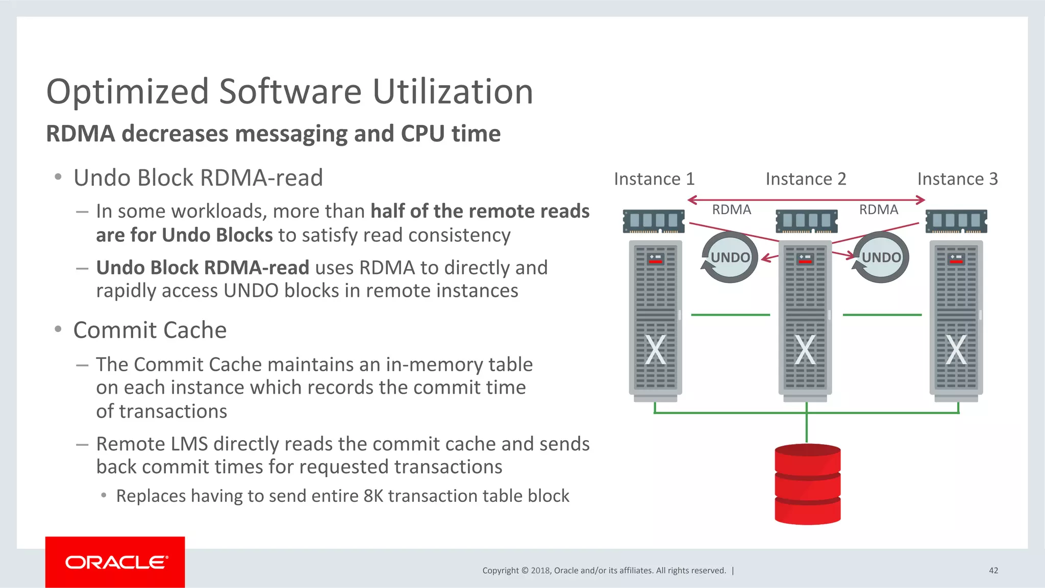 Copyright	©	2018,	Oracle	and/or	its	affiliates.	All	rights	reserved.		|	 42	
RDMA	decreases	messaging	and	CPU	time	
Optimized	Software	Utilization	
Instance	1	 Instance	2	 Instance	3	
UNDO	UNDO	
RDMA	 RDMA	
•  Undo	Block	RDMA-read	
–  In	some	workloads,	more	than	half	of	the	remote	reads	
are	for	Undo	Blocks	to	satisfy	read	consistency	
–  Undo	Block	RDMA-read	uses	RDMA	to	directly	and	
rapidly	access	UNDO	blocks	in	remote	instances		
•  Commit	Cache	
–  The	Commit	Cache	maintains	an	in-memory	table		
on	each	instance	which	records	the	commit	time		
of	transactions	
–  Remote	LMS	directly	reads	the	commit	cache	and	sends	
back	commit	times	for	requested	transactions		
•  Replaces	having	to	send	entire	8K	transaction	table	block	
 