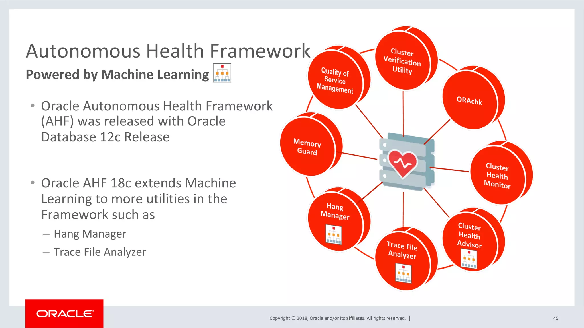 Copyright	©	2018,	Oracle	and/or	its	affiliates.	All	rights	reserved.		|	 45	
Powered	by	Machine	Learning	
Autonomous	Health	Framework	
•  Oracle	Autonomous	Health	Framework	
(AHF)	was	released	with	Oracle	
Database	12c	Release	
•  Oracle	AHF	18c	extends	Machine	
Learning	to	more	utilities	in	the	
Framework	such	as		
–  Hang	Manager		
–  Trace	File	Analyzer		
 