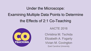 Under the Microscope:
Examining Multiple Data Points to Determine
the Effects of 2:1 Co-Teaching
AACTE 2016
Christina M. Tschida
Elizabeth A. Fogarty
Vivian M. Covington
East Carolina University
 
