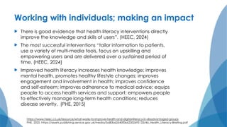 Working with individuals; making an impact
 There is good evidence that health literacy interventions directly
improve the knowledge and skills of users”. (HEEC, 2024)
 The most successful interventions “tailor information to patients,
use a variety of multi-media tools, focus on upskilling and
empowering users and are delivered over a sustained period of
time. (HEEC, 2024)
 Improved health literacy increases health knowledge; improves
mental health, promotes healthy lifestyle changes; improves
engagement and involvement in health; improves confidence
and self-esteem; improves adherence to medical advice; equips
people to access health services and support; empowers people
to effectively manage long-term health conditions; reduces
disease severity. (PHE, 2015)
https://www.heec.co.uk/resource/what-works-to-improve-health-and-digital-literacy-in-disadvantaged-groups
PHE, 2025. https://assets.publishing.service.gov.uk/media/5a80b62d40f0b62302695133/4b_Health_Literacy-Briefing.pdf
 