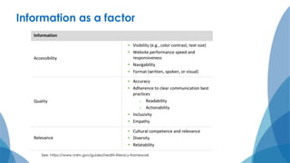 Information as a factor
See: https://www.nnlm.gov/guides/health-literacy-framework
 