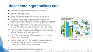 Healthcare organisations can:
 Lead and support health literacy initiatives
 Agree Training policies
 Raise awareness of health literacy as an issue
 Use plain language and promote information
standards and best practice in clear communication
 Co-design information with patients and carers to
ensure it is culturally relevant and meets the need
 Form a health literacy council to promote adoption of
relevant policy and best practice
 Audit the reading age of their patient and health
information materials.
 Use tools like the NHS Readability tool and Flesch-
Kincaid readability test to assess that health
information is clear and accessible
See: https://www.nnlm.gov/guides/health-literacy-framework
https://nhs-providers.uksouth01.umbraco.io/media/ztyhk2tx/health-literacy-briefing-october-2025.pdf
NHS Providers, 2025
 