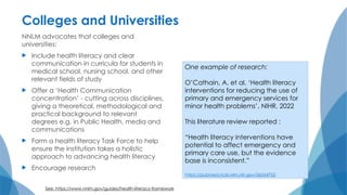 Colleges and Universities
NNLM advocates that colleges and
universities:
 Include health literacy and clear
communication in curricula for students in
medical school, nursing school, and other
relevant fields of study
 Offer a ‘Health Communication
concentration’ - cutting across disciplines,
giving a theoretical, methodological and
practical background to relevant
degrees e.g. in Public Health, media and
communications
 Form a health literacy Task Force to help
ensure the institution takes a holistic
approach to advancing health literacy
 Encourage research
See: https://www.nnlm.gov/guides/health-literacy-framework
One example of research:
O’Cathain, A. et al. ‘Health literacy
interventions for reducing the use of
primary and emergency services for
minor health problems’, NIHR, 2022
This literature review reported :
“Health literacy interventions have
potential to affect emergency and
primary care use, but the evidence
base is inconsistent.”
https://pubmed.ncbi.nlm.nih.gov/36534752
 