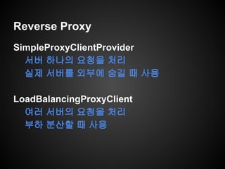 Reverse Proxy
SimpleProxyClientProvider
서버 하나의 요청을 처리
실제 서버를 외부에 숨길 때 사용
LoadBalancingProxyClient
여러 서버의 요청을 처리
부하 분산할 때 사용