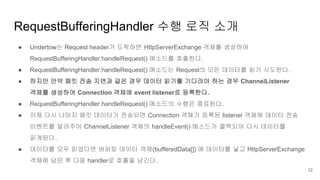 ● Undertow는 Request header가 도착하면 HttpServerExchange 객체를 생성하여
RequestBufferingHandler.handleRequest() 메소드를 호출한다.
● RequestBufferingHandler.handleRequest() 메소드는 Request의 모든 데이터를 읽기 시도한다.
● 하지만 만약 패킷 전송 지연과 같은 경우 데이터 읽기를 기다려야 하는 경우 ChannelListener
객체를 생성하여 Connection 객체에 event listener로 등록한다.
● RequestBufferingHandler.handleRequest() 메소드의 수행은 종료된다.
● 이제 다시 나머지 패킷 데이터가 전송되면 Connection 객체가 등록된 listener 객체에 데이터 전송
이벤트를 알려주어 ChannelListener 객체의 handleEvent() 메소드가 콜백되어 다시 데이터를
읽게된다.
● 데이터를 모두 읽었다면 버퍼링 데이터 객체(bufferedData[]) 에 데이터를 넣고 HttpServerExchange
객체에 담은 후 다음 handler로 호출을 넘긴다.
RequestBufferingHandler 수행 로직 소개
12
 