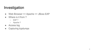 ● Web Browser => Apache => JBoss EAP
● Where is it from ?
○ EAP ?
○ Apache ?
● Access log
● Capturing tcpdumps
Investigation
4
 