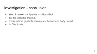 ● Web Browser => Apache => JBoss EAP
● By the tcpdump analysis,
● There is time gap between request header and body packet
● in Client side.
Investigation - conclusion
5
 
