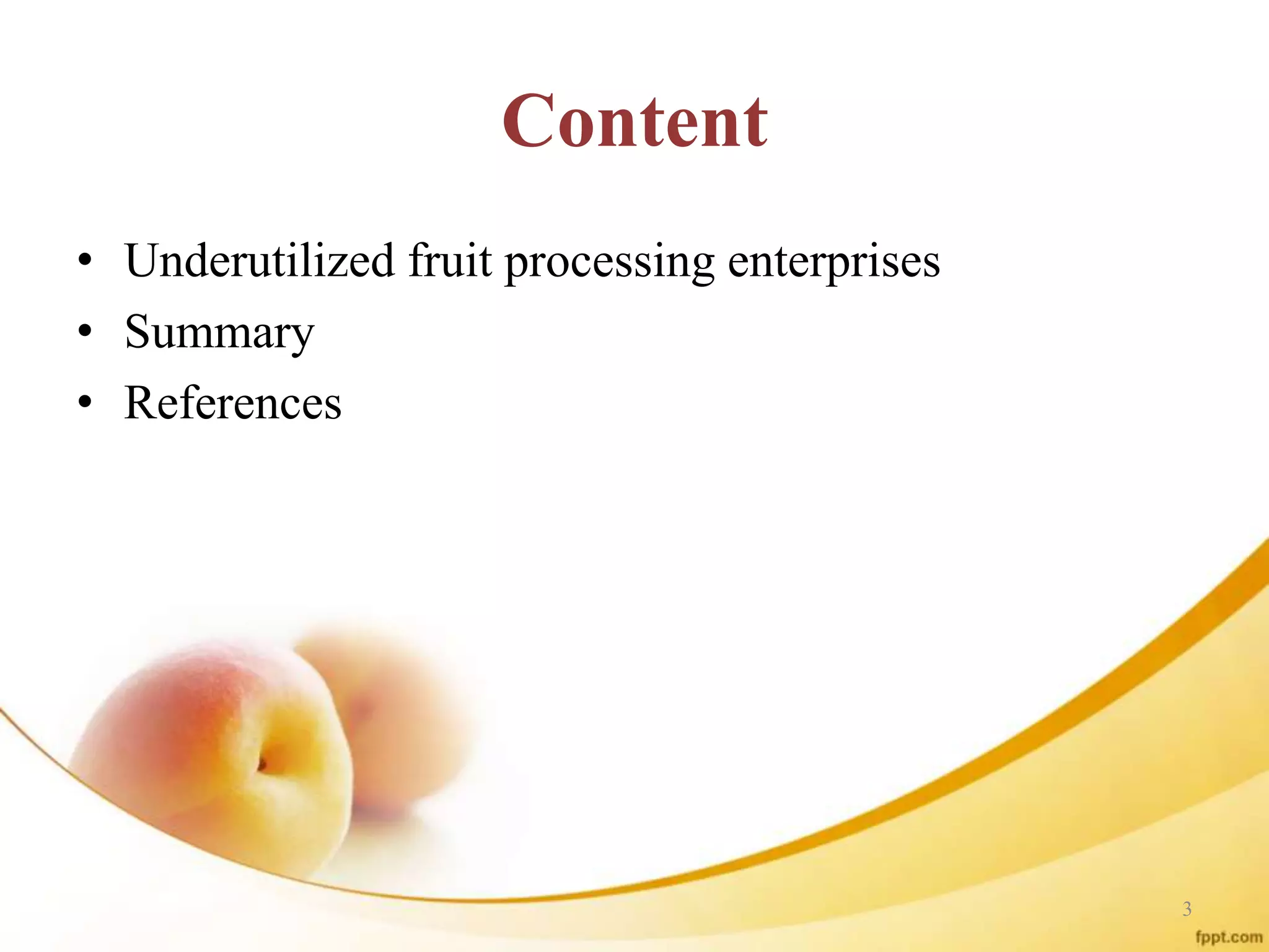 Content
• Underutilized fruit processing enterprises
• Summary
• References
3
 