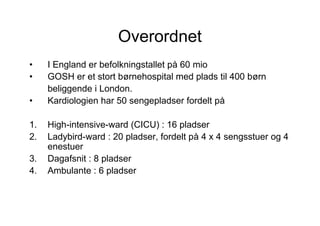 Overordnet
•    I England er befolkningstallet på 60 mio
•    GOSH er et stort børnehospital med plads til 400 børn
     beliggende i London.
•    Kardiologien har 50 sengepladser fordelt på

1.   High-intensive-ward (CICU) : 16 pladser
2.   Ladybird-ward : 20 pladser, fordelt på 4 x 4 sengsstuer og 4
     enestuer
3.   Dagafsnit : 8 pladser
4.   Ambulante : 6 pladser
 