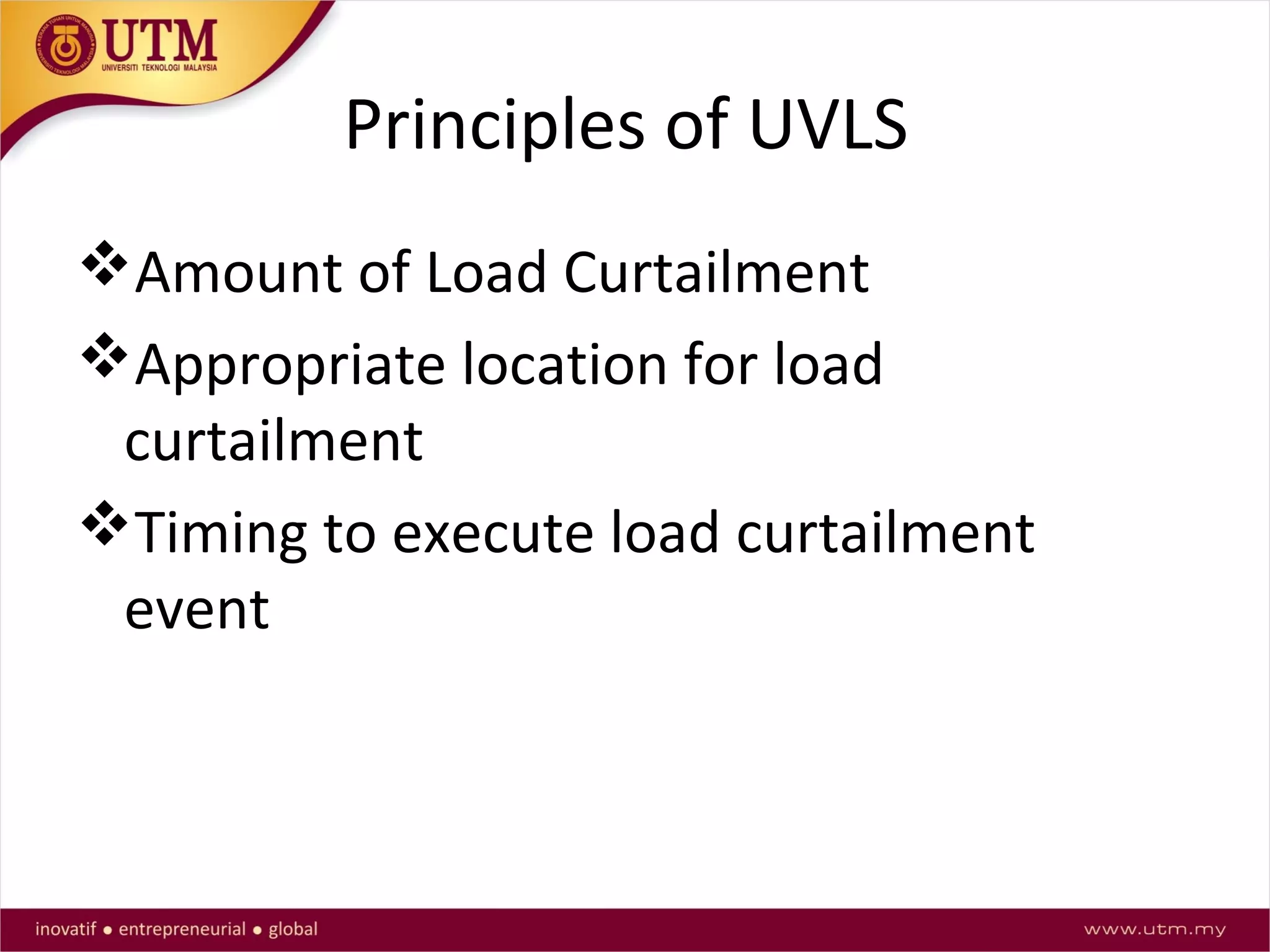Principles of UVLS
Amount of Load Curtailment
Appropriate location for load
curtailment
Timing to execute load curtailment
event
 