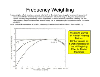 Frequency Weighting
“In assessing the effects of noise on humans, either an A- or C-weighted curve is applied to correct the sound level
     measurement for the frequency-dependent hearing function of humans. Early on, the panel recognized that
     similar, frequency-weighted hearing curves were needed for marine mammals; otherwise, extremely low- and
     high-frequency sound sources that are detected poorly, if at all, might be subject to unrealistic criteria.” Southall et
     al. (2007).
Figure 3.1a below illustrates the A-, B- and C-weighting curves for human hearing (Harris, 1998, Figure 5.17).




                                                                                               Weighting Curves
                                                                                              Weighting Curves
                                                                                              for Human Hearing
                                                                                             for Human Hearing
                                                                                                      Metrics.
                                                                                                     Metrics.
                                                                                               C-Filter is used as
                                                                                              C-Filter is used as
                                                                                              Functional Basis for
                                                                                             Functional Basis for
                                                                                                the M-Weighting
                                                                                               the M-Weighting
                                                                                                 Filter for Marine
                                                                                                Filter for Marine
                                                                                                     Mammals
                                                                                                    Mammals
 