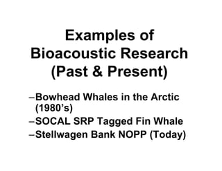 Examples of
Bioacoustic Research
   (Past & Present)
–Bowhead Whales in the Arctic
 (1980’s)
–SOCAL SRP Tagged Fin Whale
–Stellwagen Bank NOPP (Today)
 