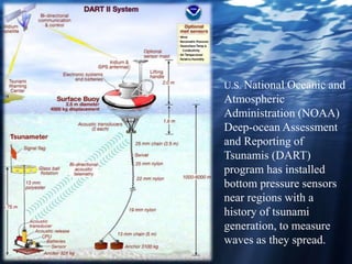 U.S. National Oceanic and
Atmospheric
Administration (NOAA)
Deep-ocean Assessment
and Reporting of
Tsunamis (DART)
program has installed
bottom pressure sensors
near regions with a
history of tsunami
generation, to measure
waves as they spread.
 